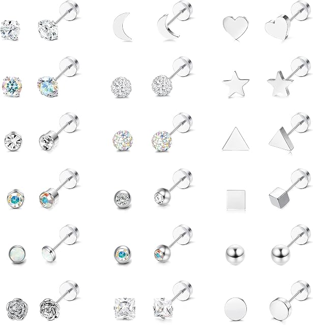Kakonia 18 Pairs Tiny Cartilage Stud Earrings Set for Women Men Star Moon Heart Triangle Ball CZ Small Screwback Flat Back Stud Earrings Stainless Steel Stud Earrings Set
