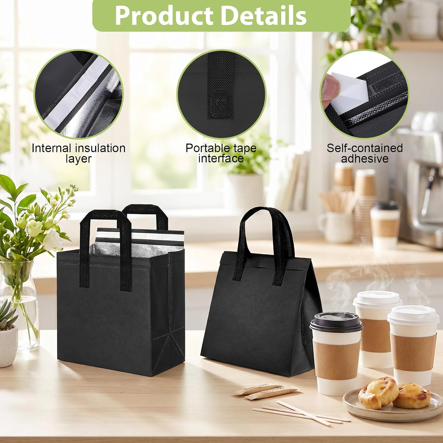 50 Pack Insulated Bags Bulk for Food Delivery, Small Cooler Bag Thermal Take Out Bag for Hot Cold Coffee Milk Tea Seafood, Reusable Lunch Bags with Aluminum Foil Liner, 9.45x9.45x5.91 Inch Black
