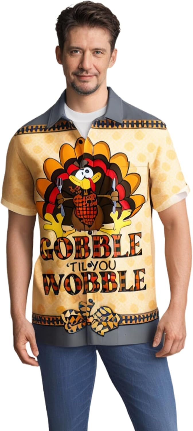 Mens Thanksgiving Shirt Turkey Print Short Sleeve Hawaiian Bowling Casual Button Down Shirts - Image 4