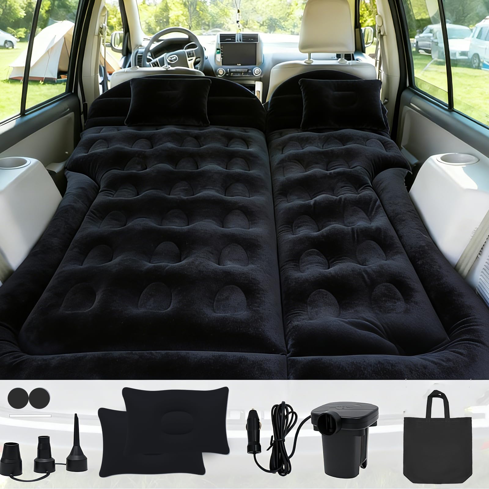Materasso ad aria per SUV, materasso gonfiabile per sedile posteriore del camion, materasso ad aria pieghevole con superficie floccata, letto ad aria portatile per tenda da (Black)