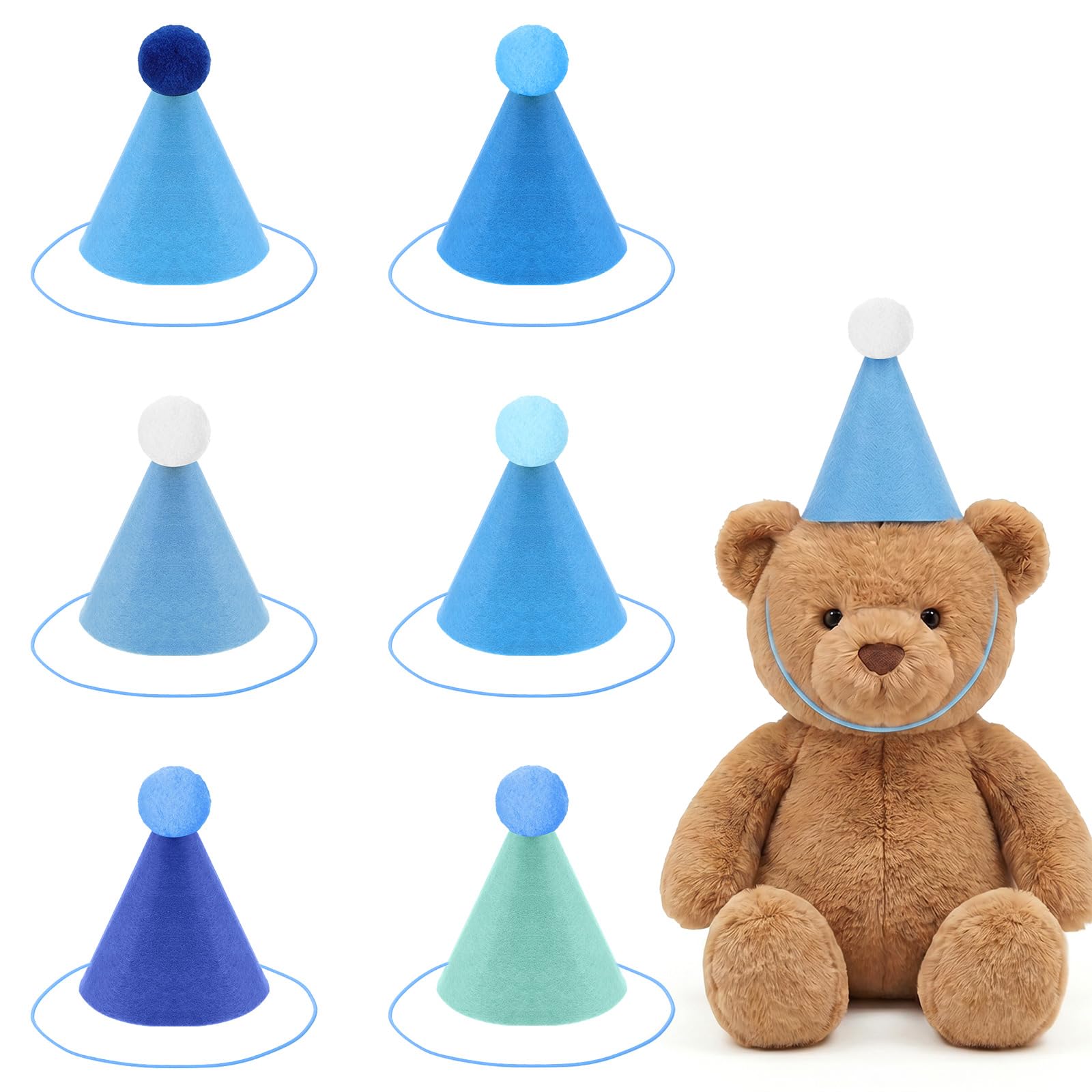 6 Pcs Stuffed Animal Party Hats Felt Blue Mini Party Hats with Pom Poms