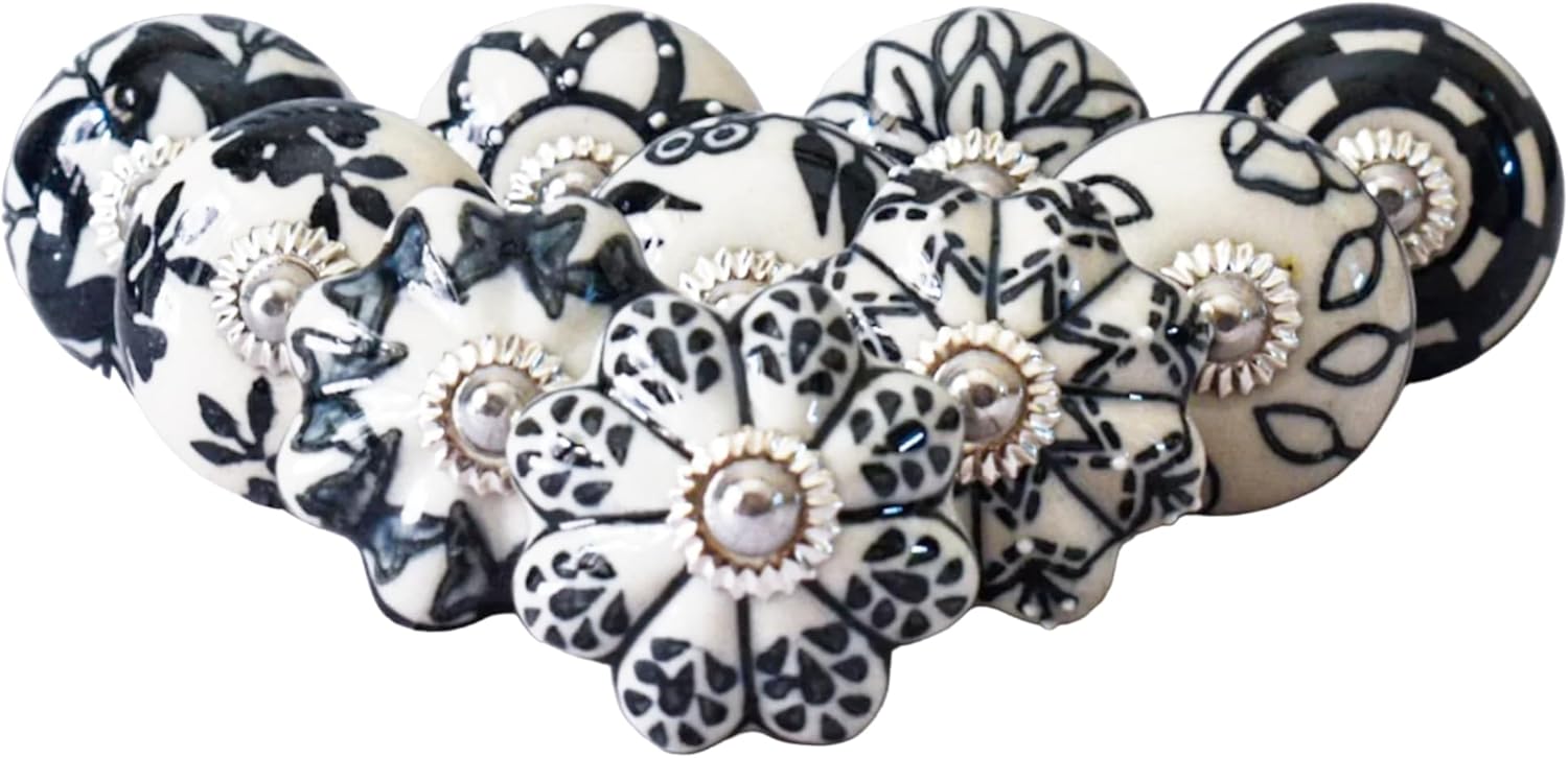 Ajuny Ceramic Cabinet Knobs, Set of 30 - Vintage Black & White, Hand-Painted Pumpkin & Round Drawer Pulls for Kitchen Cabinets, Vanities, Dressers & Cupboards, 1.5 in, Screws & Backplates Included