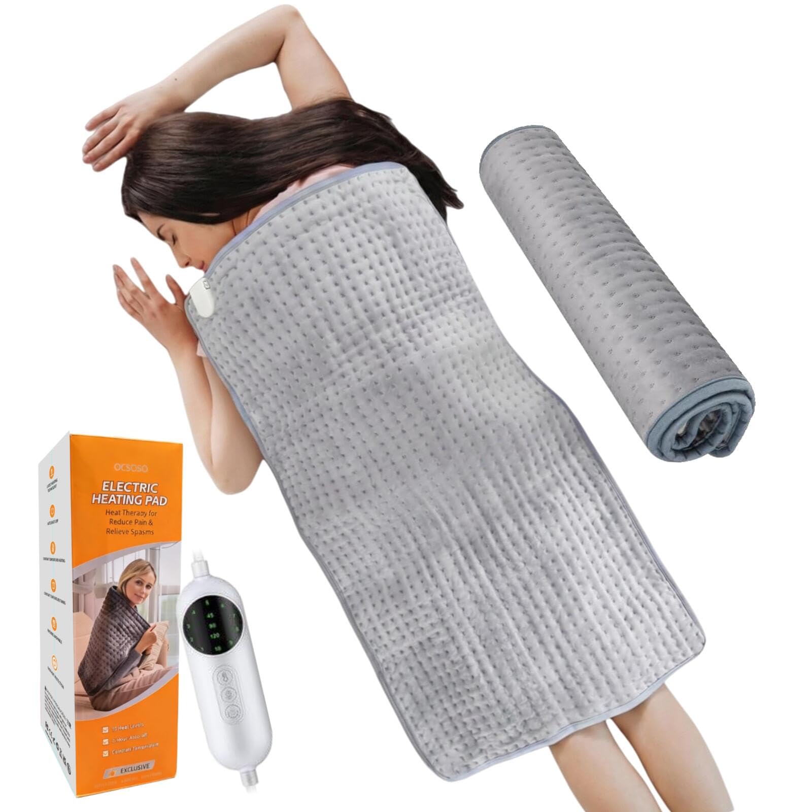 Cojín calefactor, 50 x 100 cm OCSOSO Cojines calefactores muy grandes, apagado automático y 10 niveles de calor, el cojín de calentamiento para aliviar el dolor de espalda, cuello y hombros