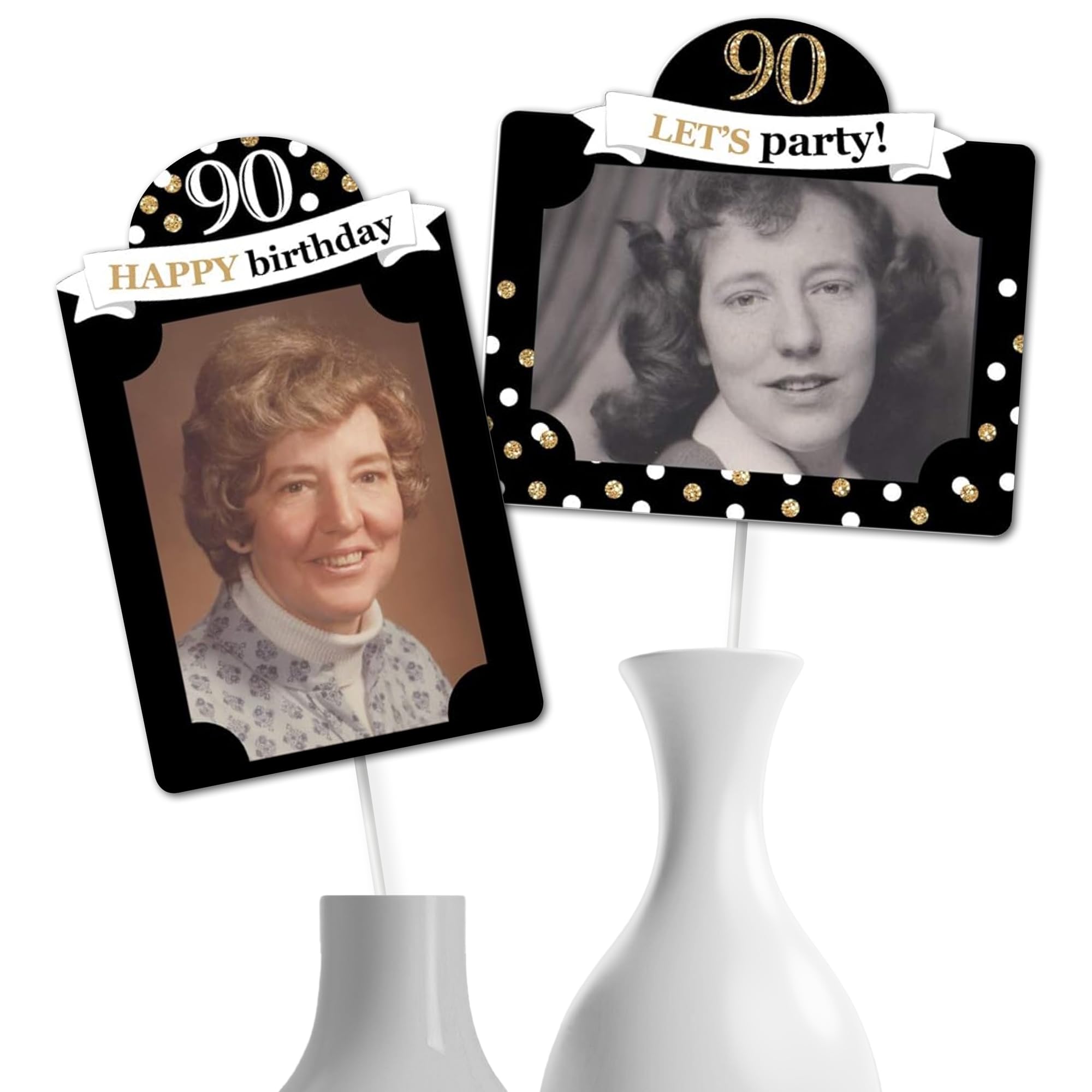 Big Dot of Happiness 90th Birthday Photo Centerpiece Kit - Gold Party Decoration Display Set, 15 Double-Sided Photo Table Toppers with Sticks, Custom 4x6 Photo Holders - 90 Years