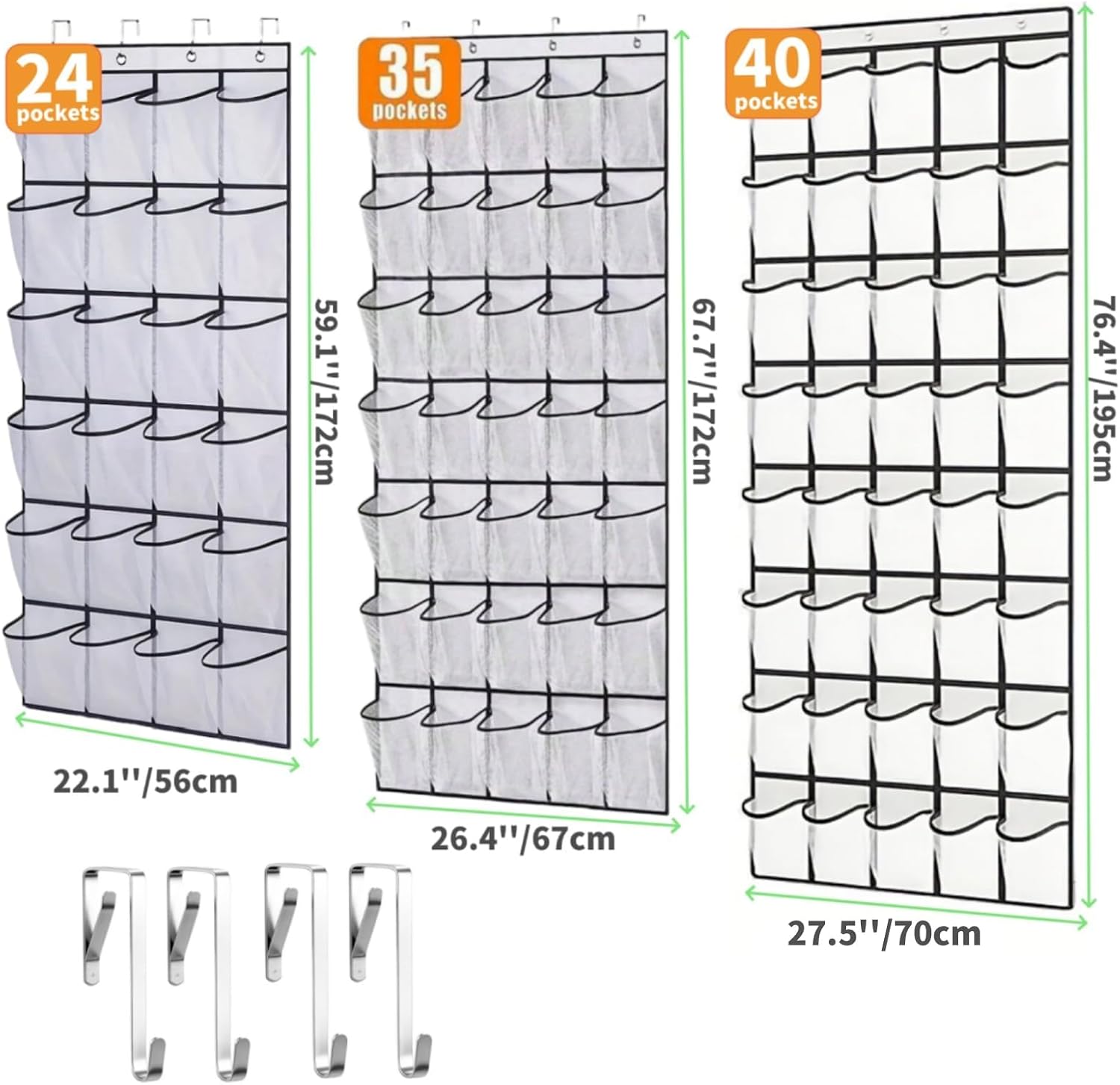 Over Door Shoe Organizer,40 Mesh Pockets with 4 Metal Hooks(Grey)