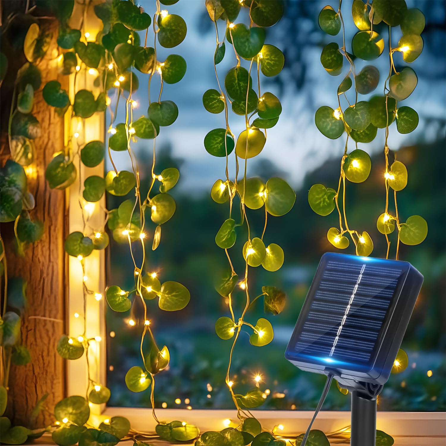 Aigostar Cadena de Luces LED Solares 3M+1 * 1M, 70 LEDs, Guirnaldas de Hiedra Artificial con Hojas, IP65 Impermeable, Blanco Cálido. Decoración para Exteriores e Interiores