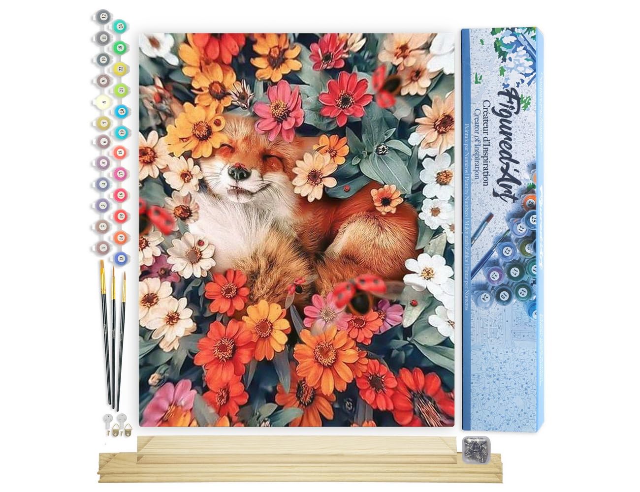 Figured'Art Paint by Numbers for Adults Fox Relaxing in The Flowers 40x50cm - Craft Art Painting Rolled Canvas with DIY Wooden Frame