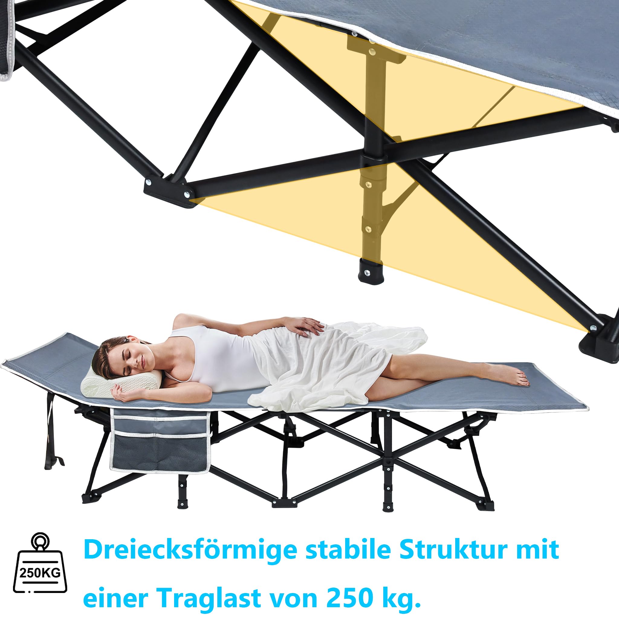 XMTECH Feldbett Klappbar Campingbett Gästebett für Erwachsene 250kg, 190 x 62 x 38cm Faltbar Camping Reisen Bett mit Transporttasche, Feldbetten für Camping Outdoor Reisen Büro Indoor