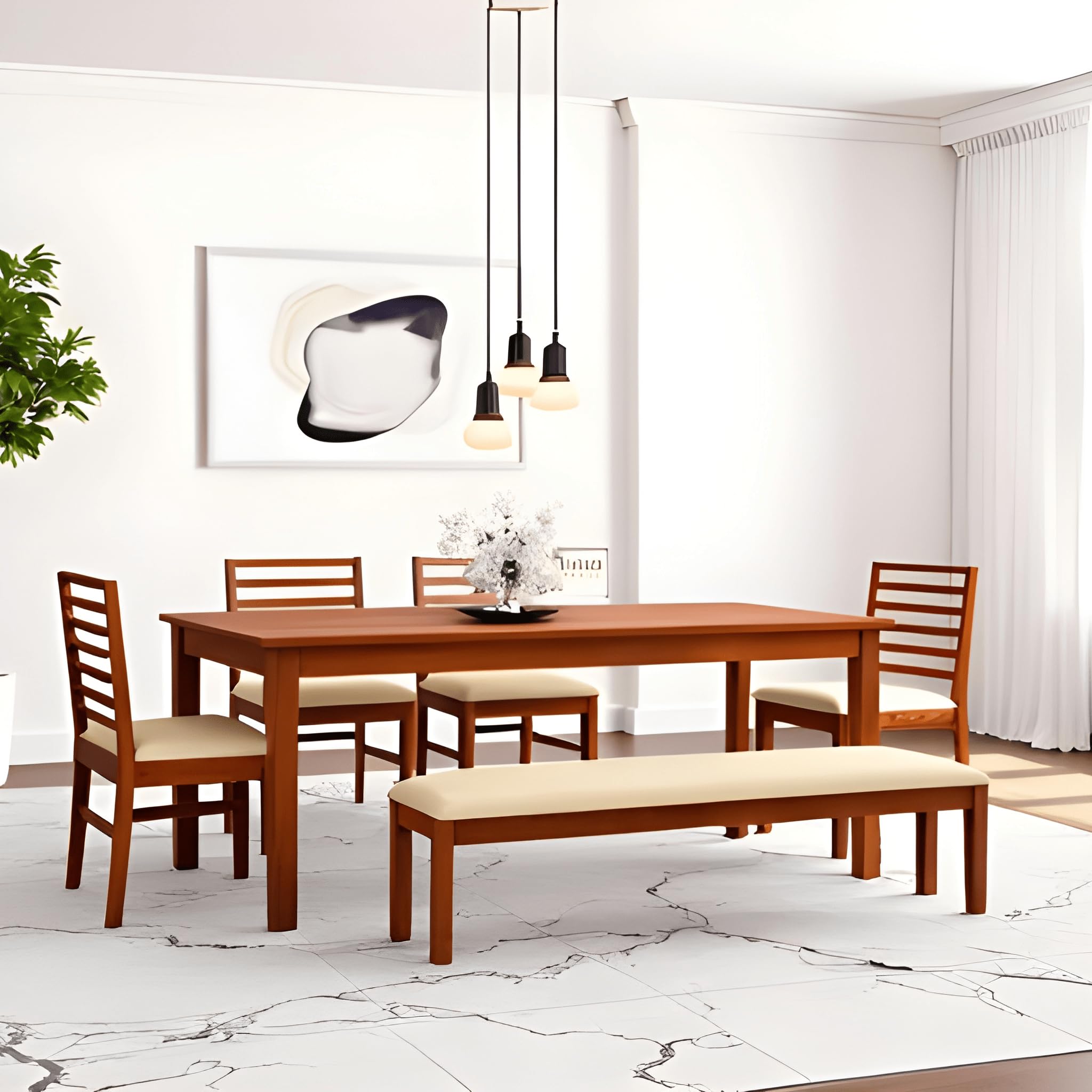 KENDALWOOD Furniture Sheesham Wood Dining Table(57X35) with 4 Chairs 1 Bench 6 Seater Dining Set Wooden Dining Table with Chair | Dining Room Furniture | Honey Finish with Cream Cushion-image-17