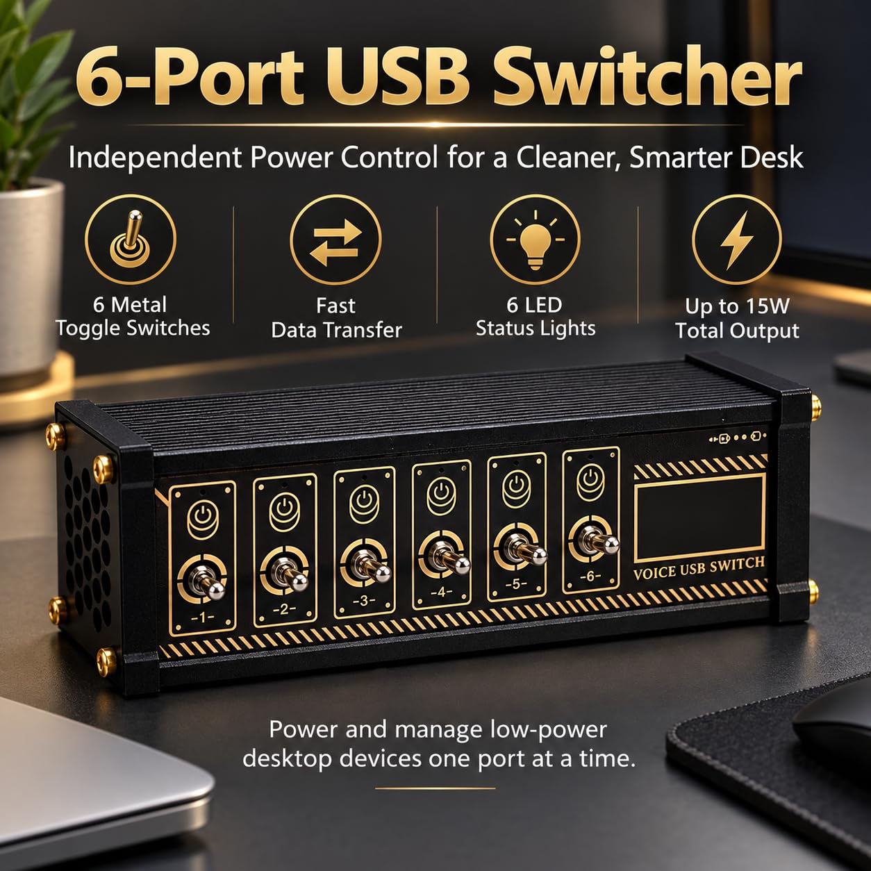 Switcher USB A 6 Porte, 6 Interruttori Individuali con Spia Luminosa, per Condividere Dispositivi USB, Ideale Come Regalo per Il Fidanzato, per Ufficio, Home Entertainment E Piccoli Studi.