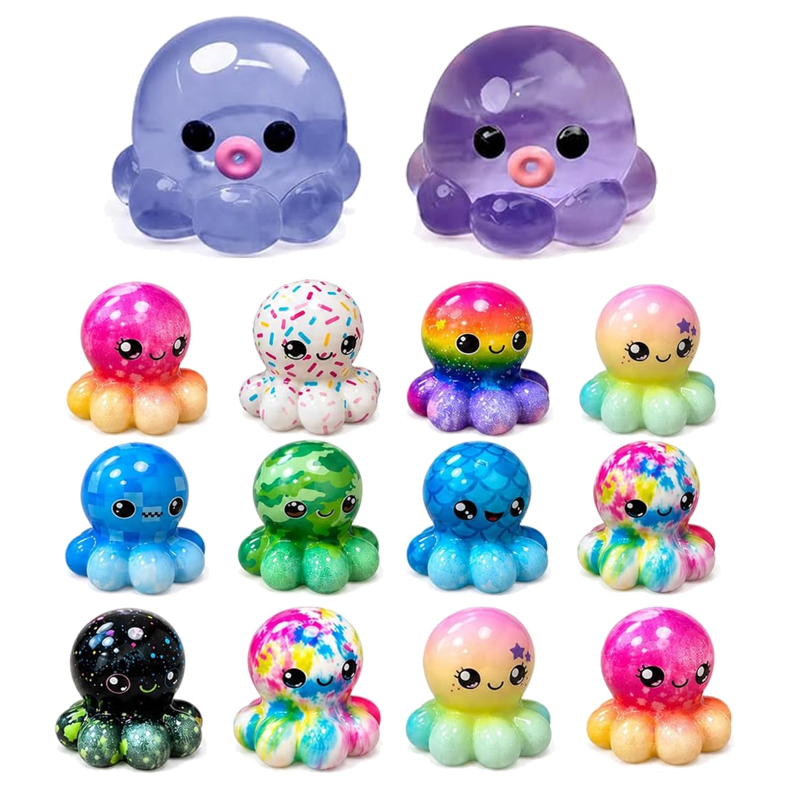12Pcs Octopus Squishy Collection, Soft Sensory Squeeze Set with Random Designs, Assorted Colours and Translucent Variants Included