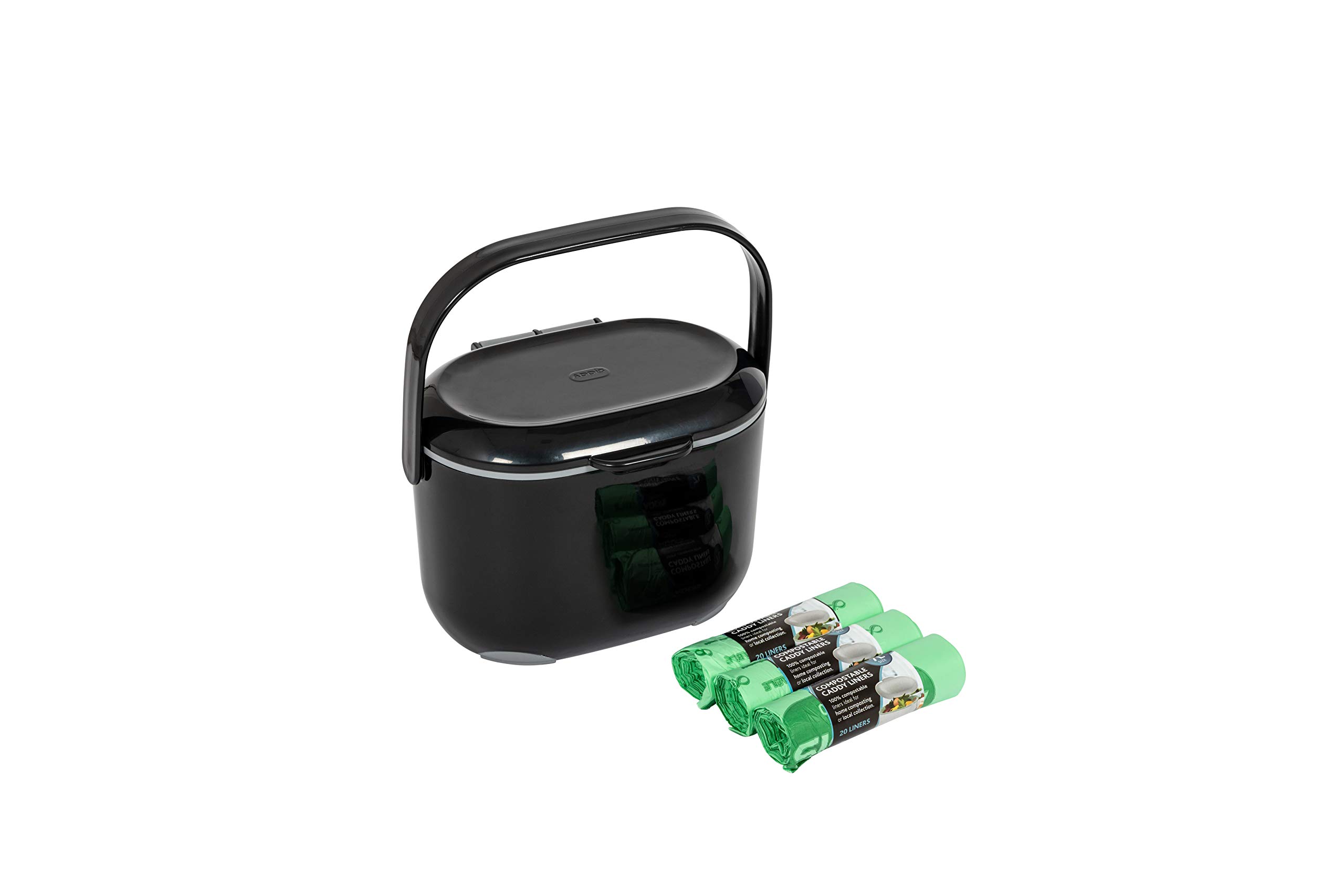 Addis Premium Kitchen Food Caddy Bin, Black Grey, with 60 x 100% Compost Bags (3 Rolls of 20 liners), Single