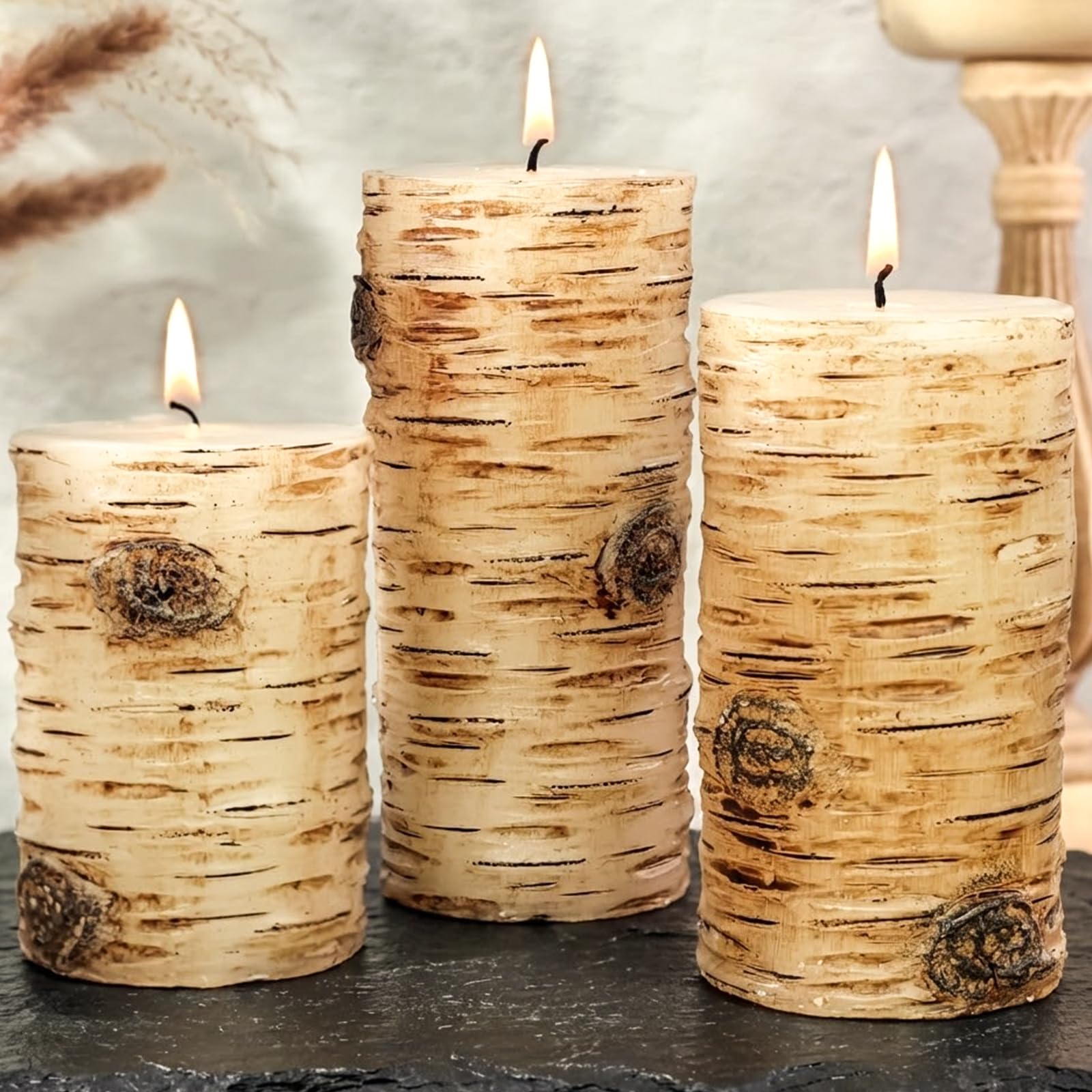 MOSROAD Black Birch Bark Texture Pillar Candles Set