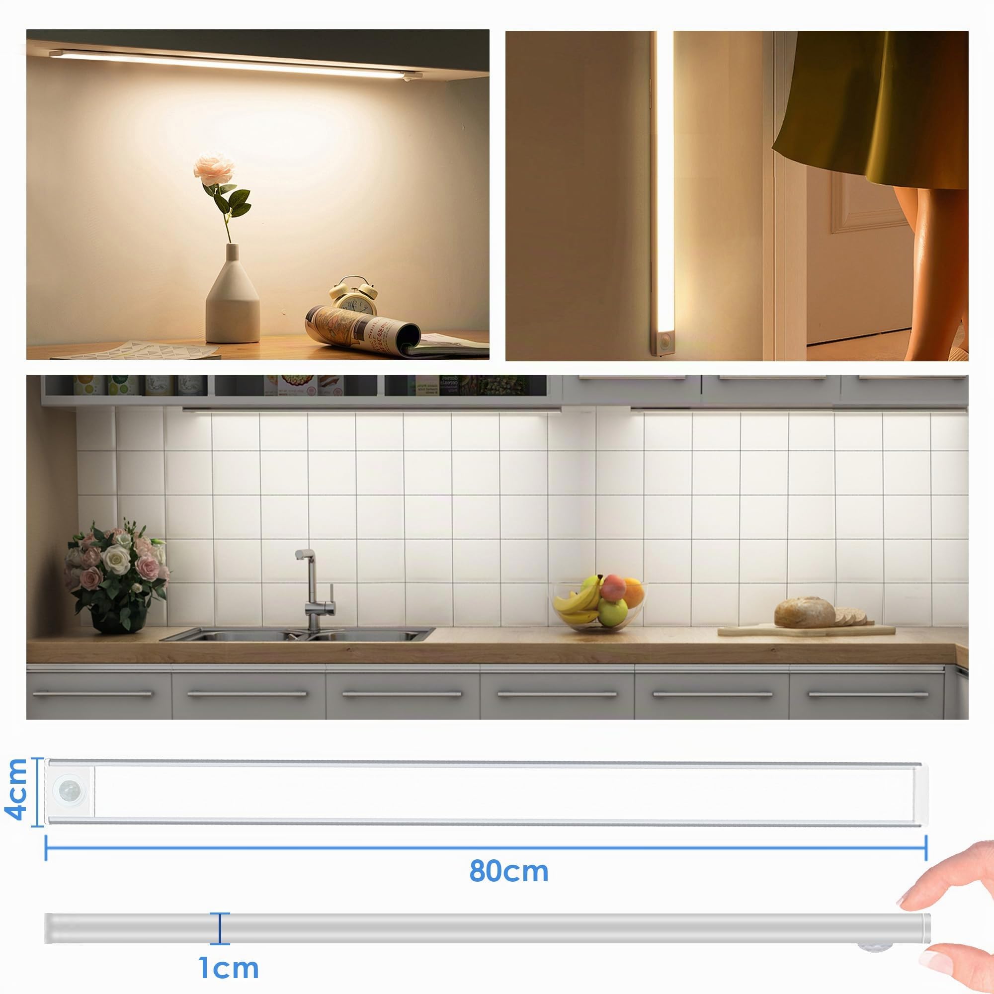 80CM LED dimmbare Unterbauleuchte Küche Lampe 6600mAh wiederaufladbar | Schrankbeleuchtung mit Bewegungsmelder 3 Lichtwärme magnetische Lichtleiste für Küchenschrank Kleiderschrank Regal Bad