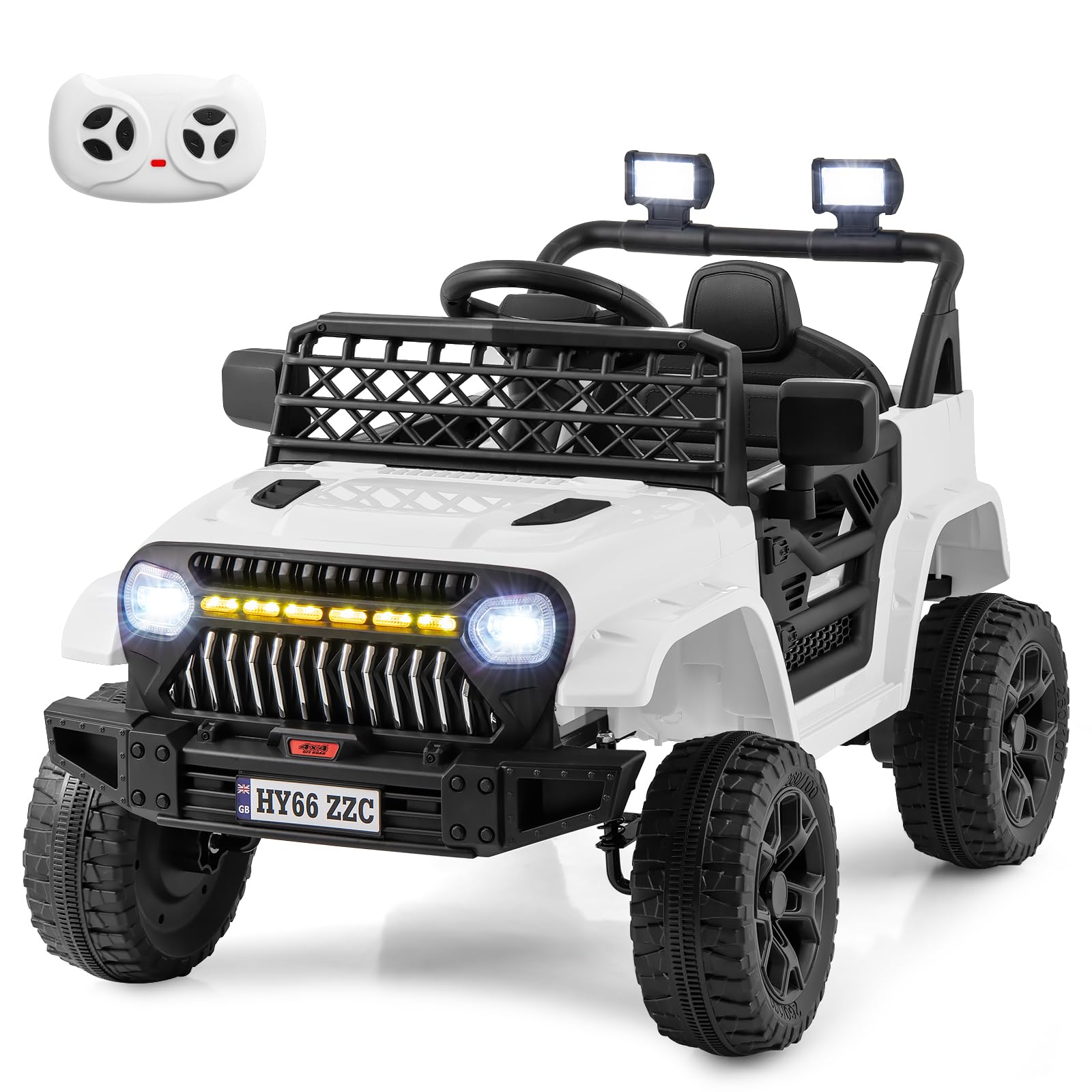 COSTWAY Kids Electric Ride on Car, 12V Battery Powered Off Road Truck with Remote Control, Shock Suspension, Bluetooth, LED Lights, Music, for 3+ Years Boys and Girls (White)