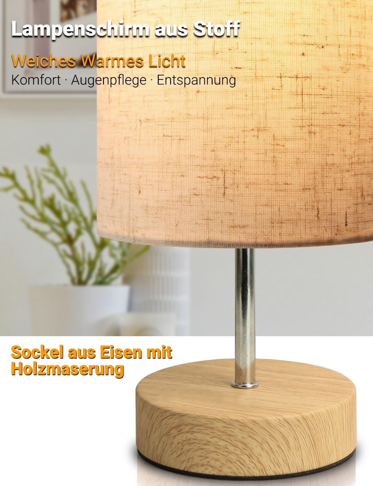 HSLighting Lampada da Comodino: 34.5cm Lampada da Tavolo Touch Dimmable Control Moderna Lampada da Tavolo a LED con Lampadine la Lettura Soggiorno Stanza dei Bambini Paralume in Tessuto per da Letto