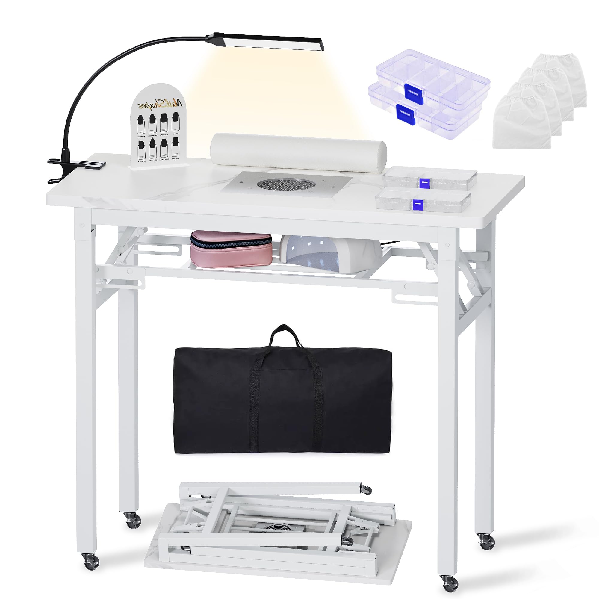 Tragbarer Nageltisch mit Staubabsaugung und LED-Lampe, Klappbarer Manikürtisch mit Tragetasche, Handauflage, Organizer-Boxen & Nail Display, Profi Nagelstudio Tisch für Maniküre & Nageldesign,Weiß