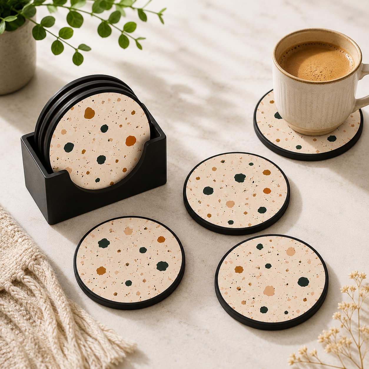 Terrazzo Tea Coasters Set of 6 with Holder, Round MDF Drink Coasters with UV Printed Design, Decorative Table Coasters for Coffee Table, Dining Table, Kitchen, Office & Home Decor-image-12