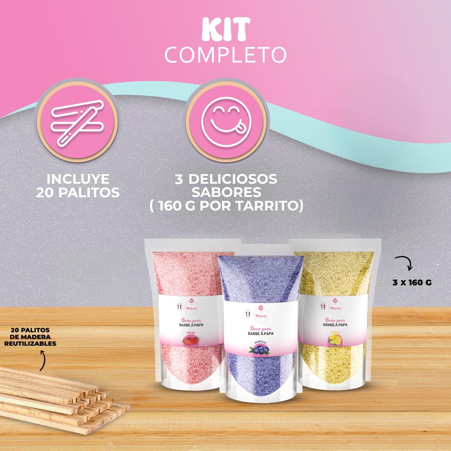 Misskandy Algodón de Azúcar para Máquina Pack 3x160g Sabores Naturales Fresa Arándano Limón