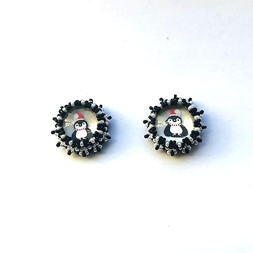 Miniatura 2 de Winter Jewelry black and white Beadwoven Miniature Penguin Earringsor Pendant Nature Statement Necklace black Chain (Penguin under glass Earrings)