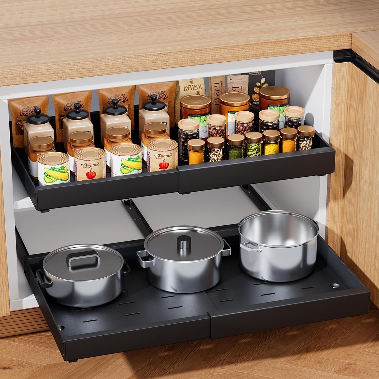 1 Pack Slide Out Drawers Organizer for Kitchen Cabinets, 21" Deep Pull out Cabinet Organizer 12.6"-19.7" Expandable, Sliding Cabinet Shelf for Pan and Pots Under Sink Storage, Black