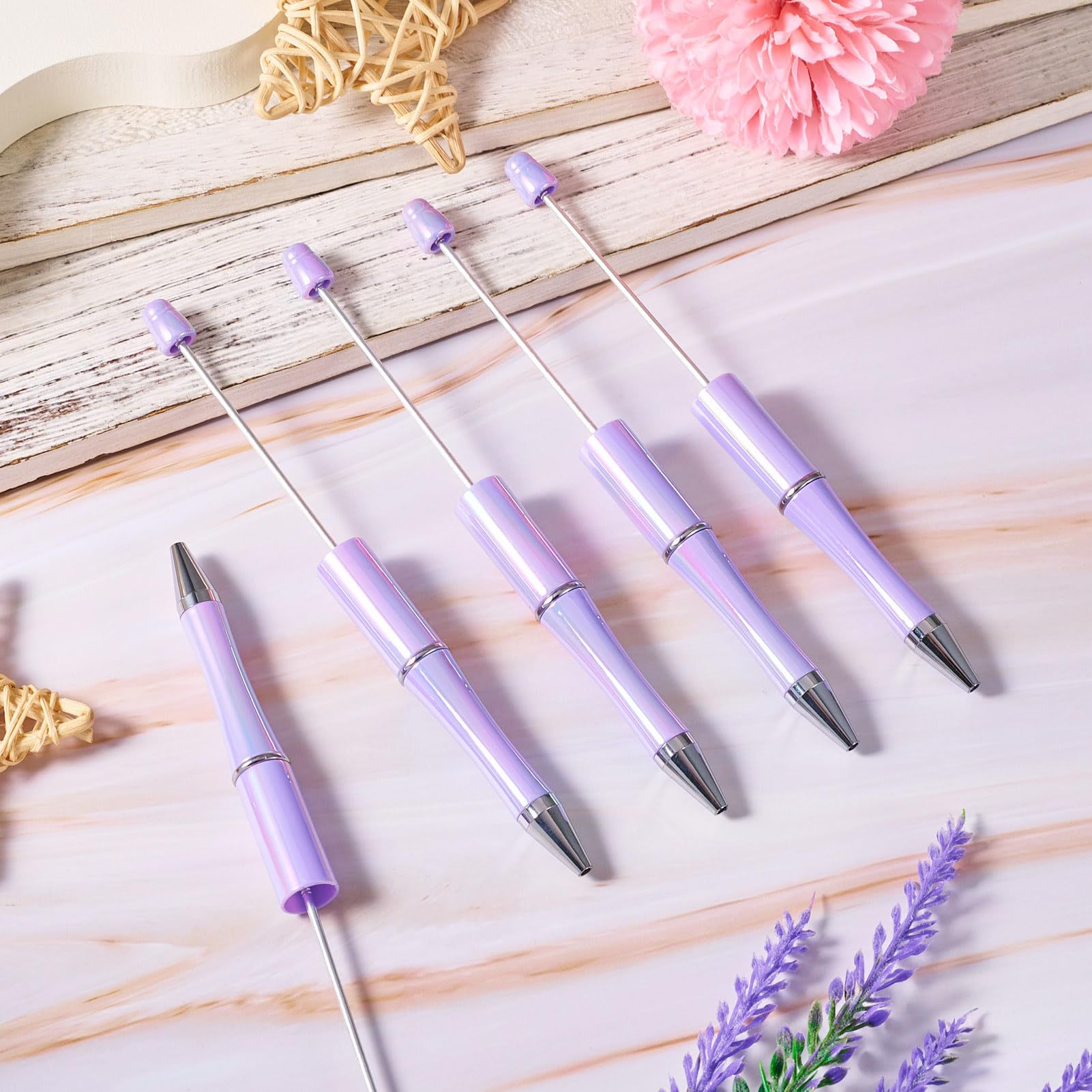 Cheriswelry 5 Pcs Plastic Beadable Pen Black Ink Rollerball Pen with 10 Pcs Extra Refills for Students Office School Supplies Gradient Lilac - Image 2