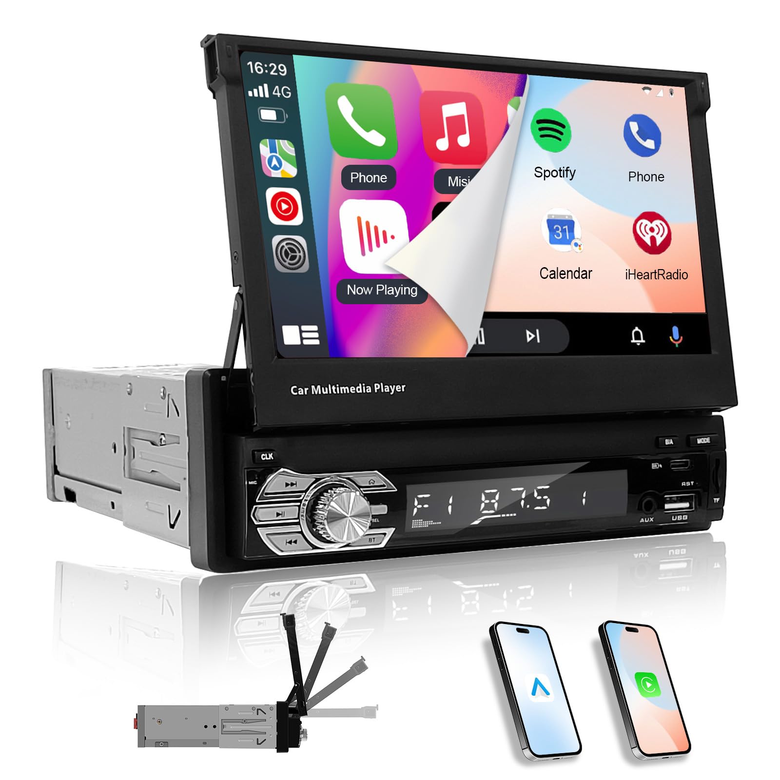 – Single Din Touch Screen Car Stereo with Carplay & Android Auto,EZoneTronics 7 inch HD Flip Out 1 din Touch Screen Bluetooth Car Radio,Mirror Link/Steering Wheel Control/FM/Aux/USB+Type-C Ports