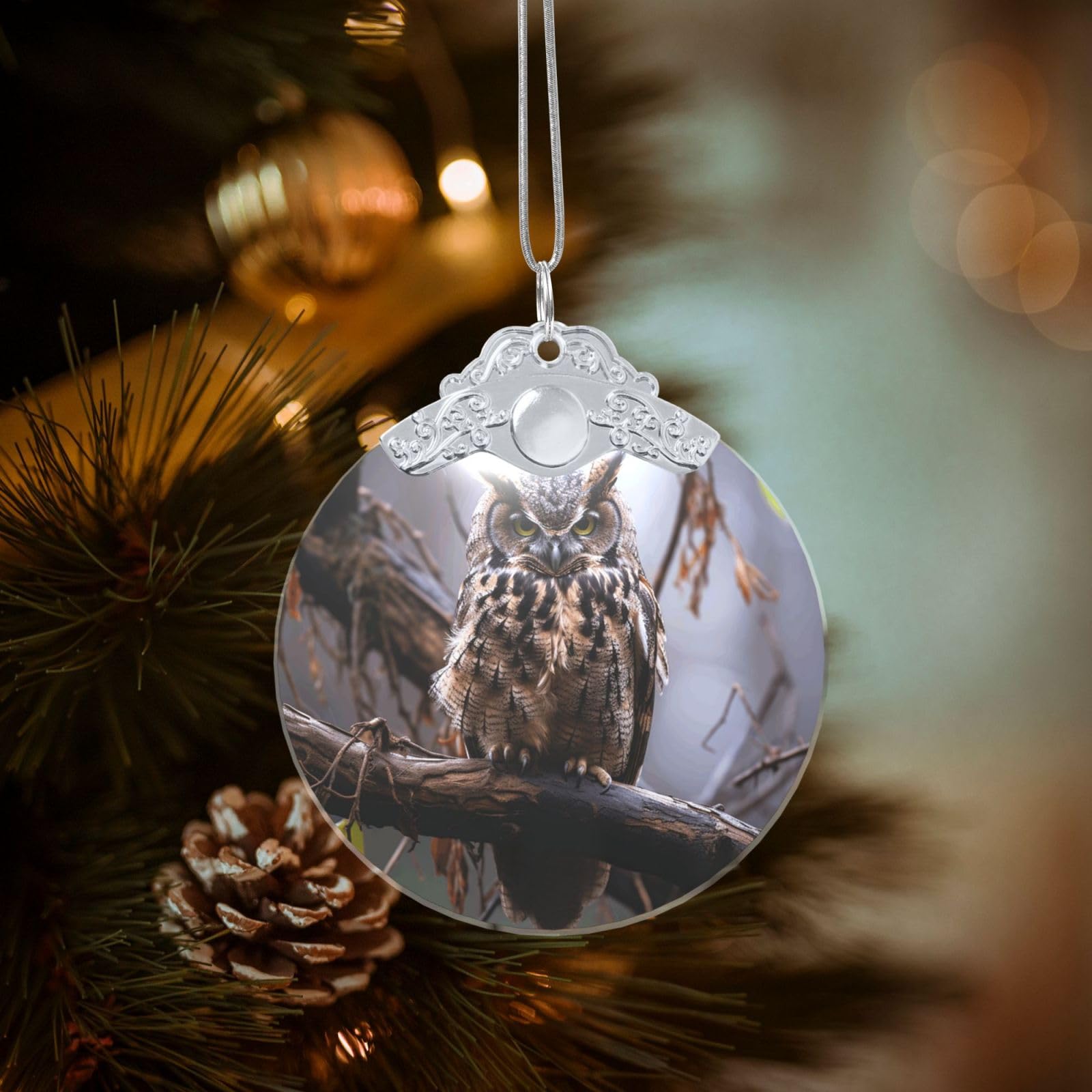 Owl On A Branch Christmas Ornament 2025, Round Glass Xmas Hanging Pendant for Xmas Tree Decoration,Cute Holiday Hanging Decorations Keepsake for New Year Family Party Wedding Decor