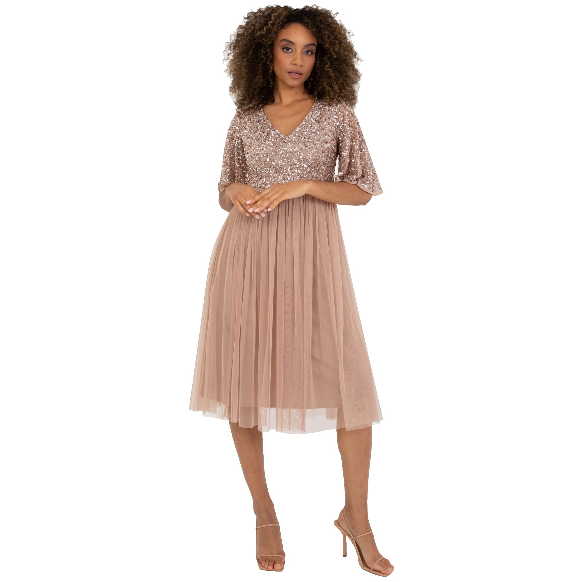 Maya Deluxewomens Maya Deluxe Taupe Blush Short Flutter Sleeve Embellished Midi Dress Bridesmaid Dress