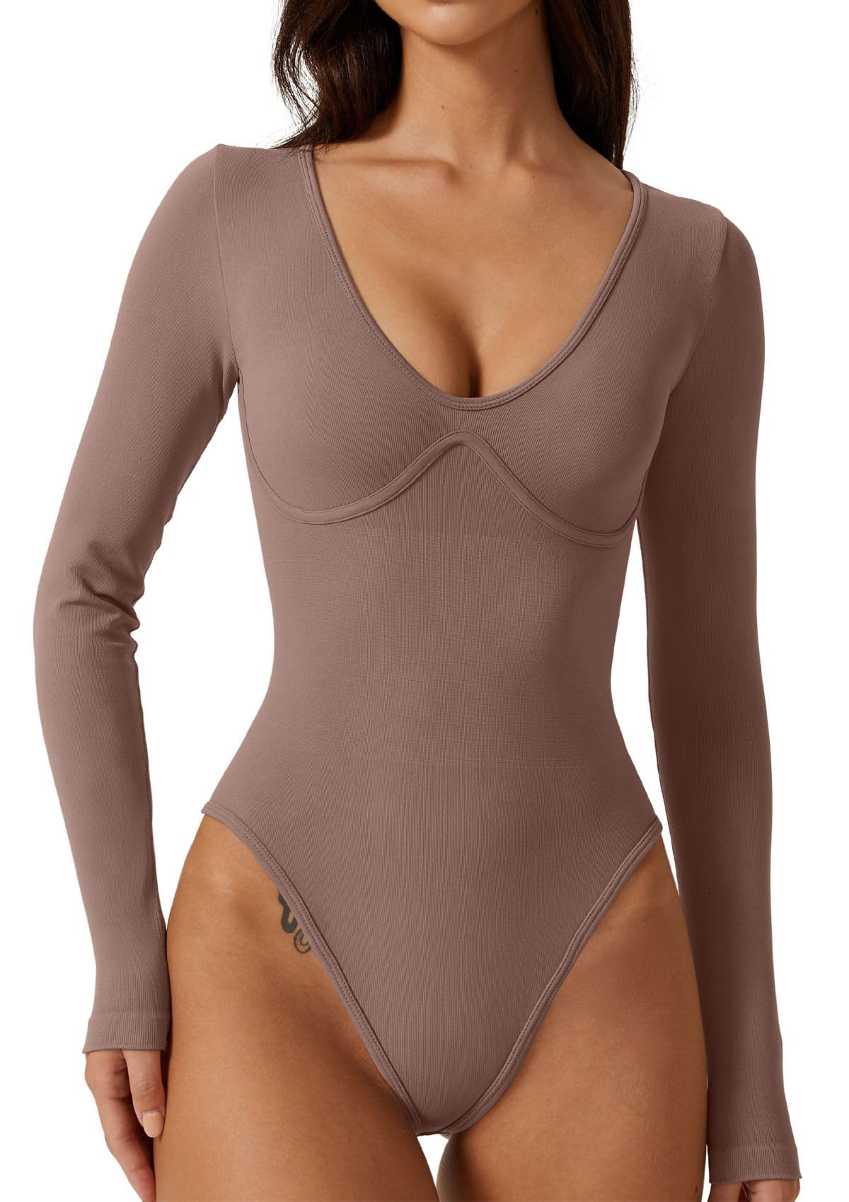 QINSEN Women's Sexy V Neck Bodysuit Long Sleeve Bodycon Stretch Plunge Shirt Tops, S