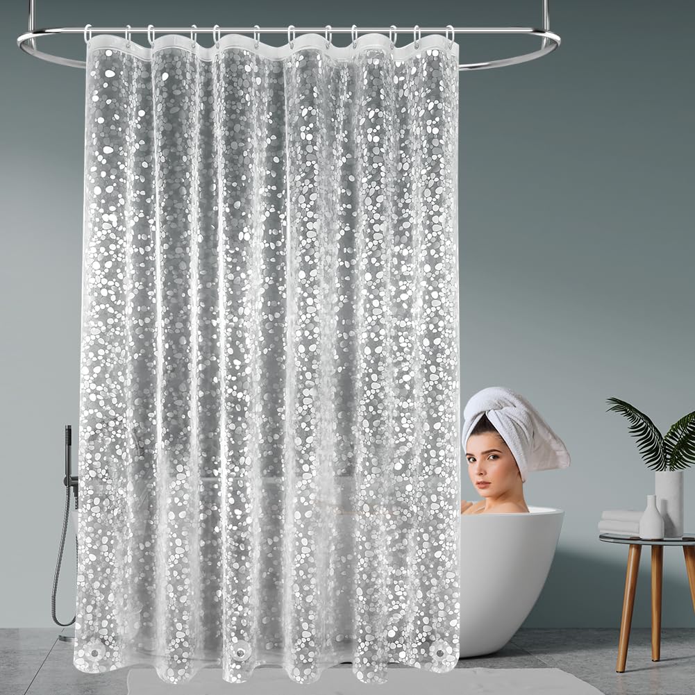 URAQT Zasłona prysznicowa odporna na pleśń 180 x 180 cm 3D półprzezroczysta PEVA zasłony prysznicowe można prać z 12 haczykami i magnetyczną dolną wagą, do wanny, łazienki, wzór żwirków