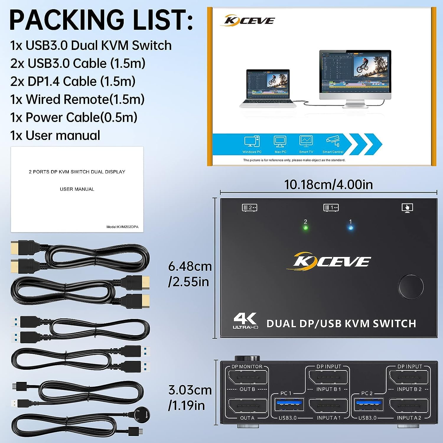 4K@144Hz Przełącznik KVM 2 Komputery 2 Monitory Displayport 8K@30Hz, MLEEDA Dual Monitor KVM Switch 2 Computers Dzielenia 2 Monitors i 4 Porty USB 3.0, z Kabel Zasilania, Przewodowy Pilot i 4 Kable