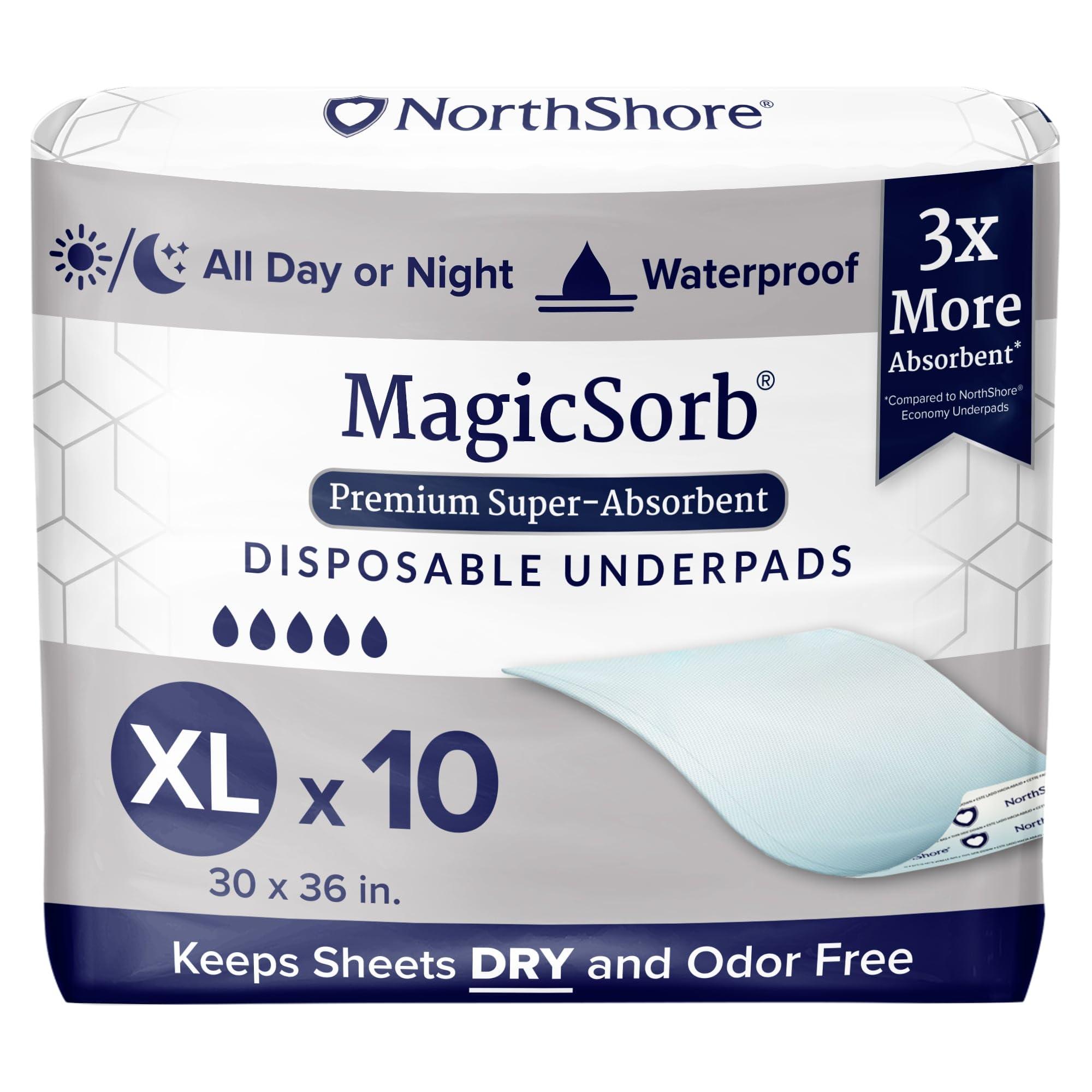 MagicSorb, 30 x 36, 60 oz., Super-Absorbent Disposable Underpads, X-Large, Pack/10