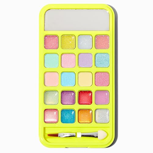 Claire's Kits de maquillaje - Kit de sombra de ojos y labios con forma de teléfono celular amarillo brillante brillante para niñas, perfecto para