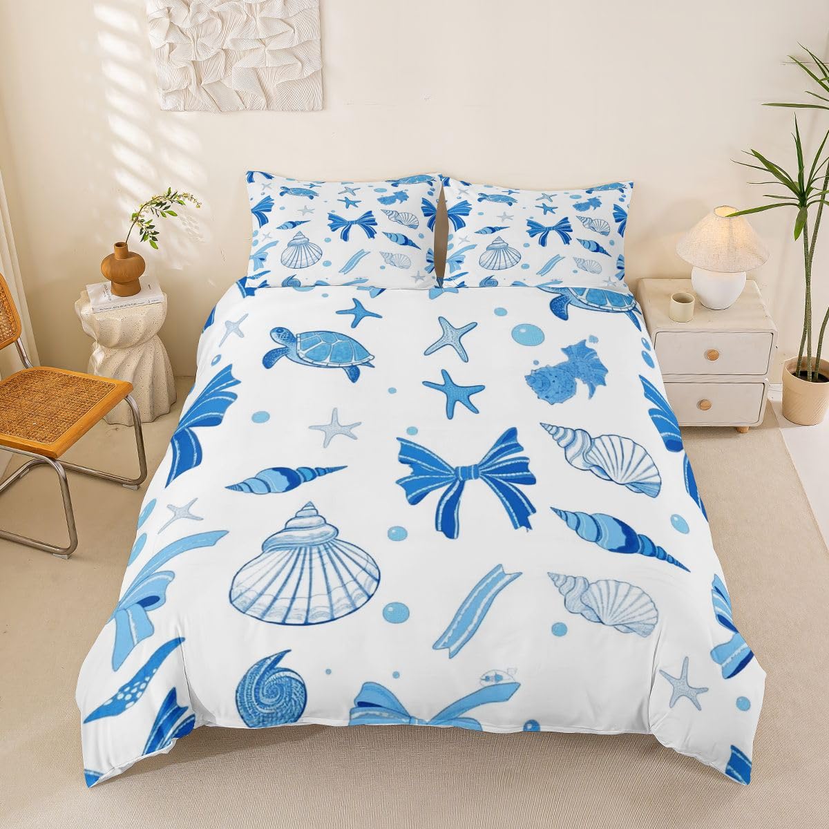 Homewish Set di biancheria da letto super king size con tartaruga marina, conchiglie, stelle marine, conchiglie, animali marini