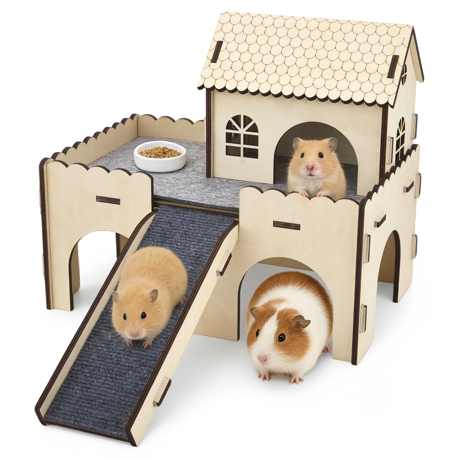 Large Wooden Guinea Pig House, Hideout Hut with Cave Stairs, Detachable Castle with Ramp & Windows, Small Animal House Habitat with 3 Entrances for Rat, Hamster, Hedgehog Hiding and Playing,38x25x38cm