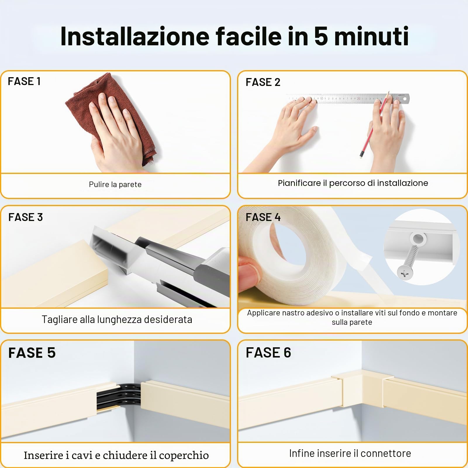 Delamu Canalina Passacavi Muro, 4M Adesiva Canaletta per Cavi Elettrici Verniciabile cavo di correttore Covers, Copertura Per Cavi per Computer A Casa O In Ufficio, 10 Pezzi L400mm*W24mm*H14mm, beige