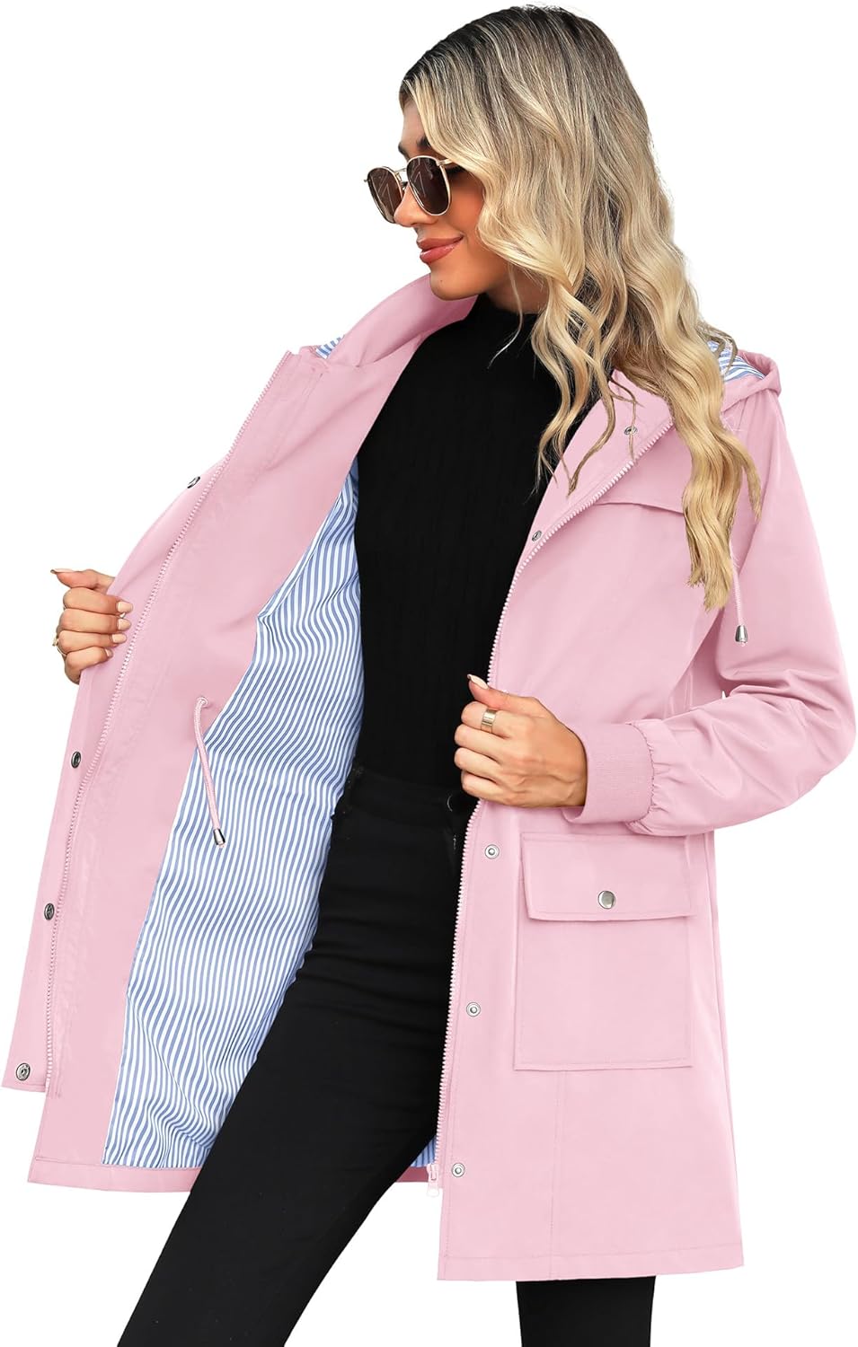 Bloggerlove Rain Jacket Women Lightweight Raincoat Waterproof Windbreaker Striped Climbing Outdoor Hooded Trench Coats S-XXL - Image 3