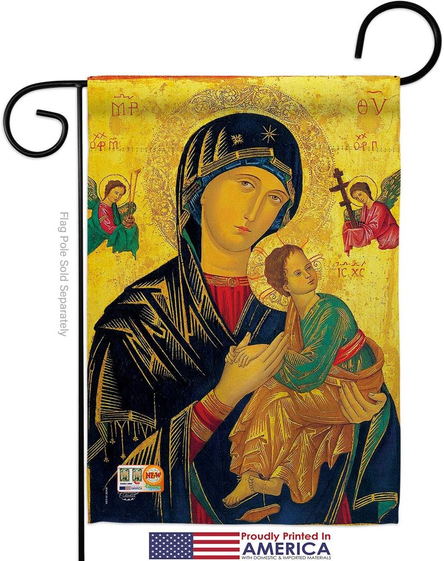 Our Lady of Perpetual Help Garden Flag Set Wall Holder Religious Faith Hope Grace Peace Dove Christian Religion Easter Small Decorative Gift Yard House Banner Made In USA 13 X 18.5