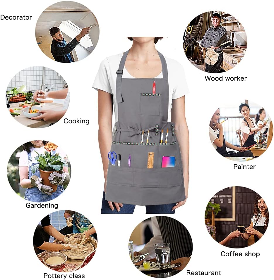 FreeNFond Adjustable Artist Apron with Pockets for Women Men Canvas Painting Aprons for Arts Gardening Utility or Work - Image 4
