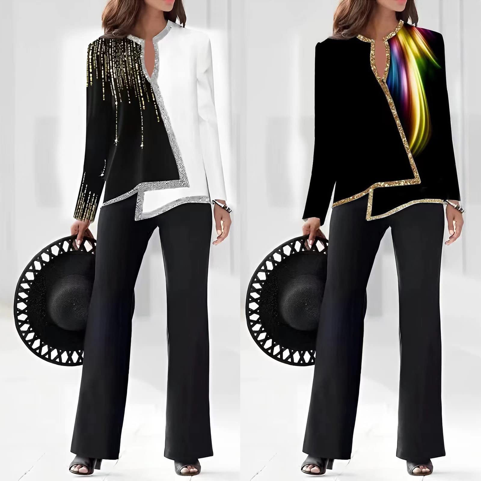 Ensemble élégant pour femme à manches longues, avec pantalon et blazer, deux pièces, élégant, automne, hiver, pour cérémonie, mariage, fêtes