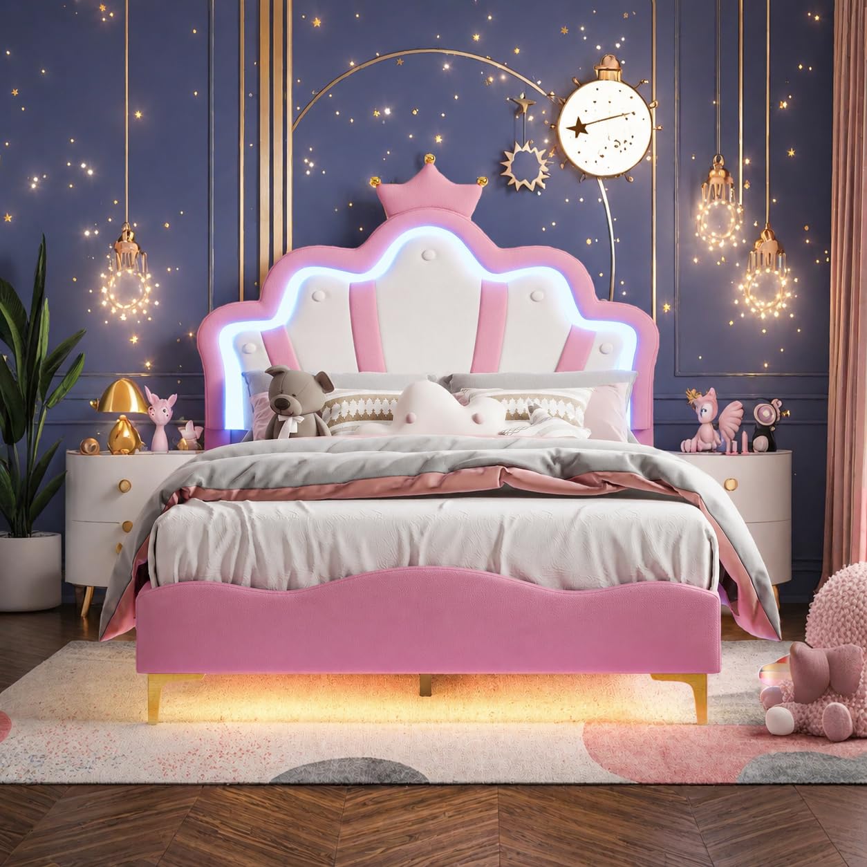 Lit Enfant 140x190 en Forme de Couronne Princesse, Lit avec LED et Tête de Lits Réglable, Cadre Lits 1 Place en Nuages pour Ado, Rose PU