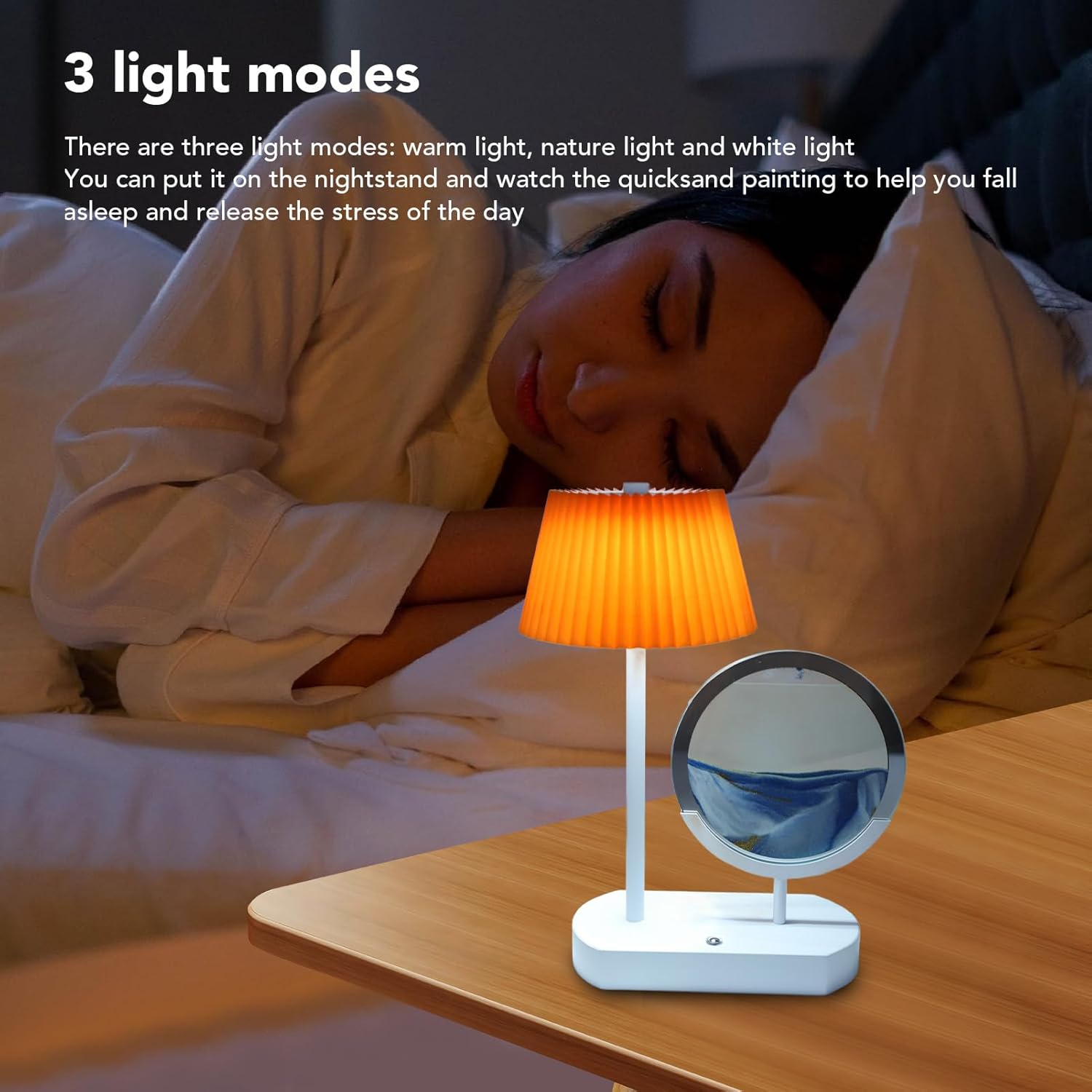 Moving Sand Art Desk Lamp, 2000mAh Creative Cordless Touch Control Stepless Dimming 3 Color Brightness Adjustment Quicksand Lamp for Home Bedroom Office Living Room