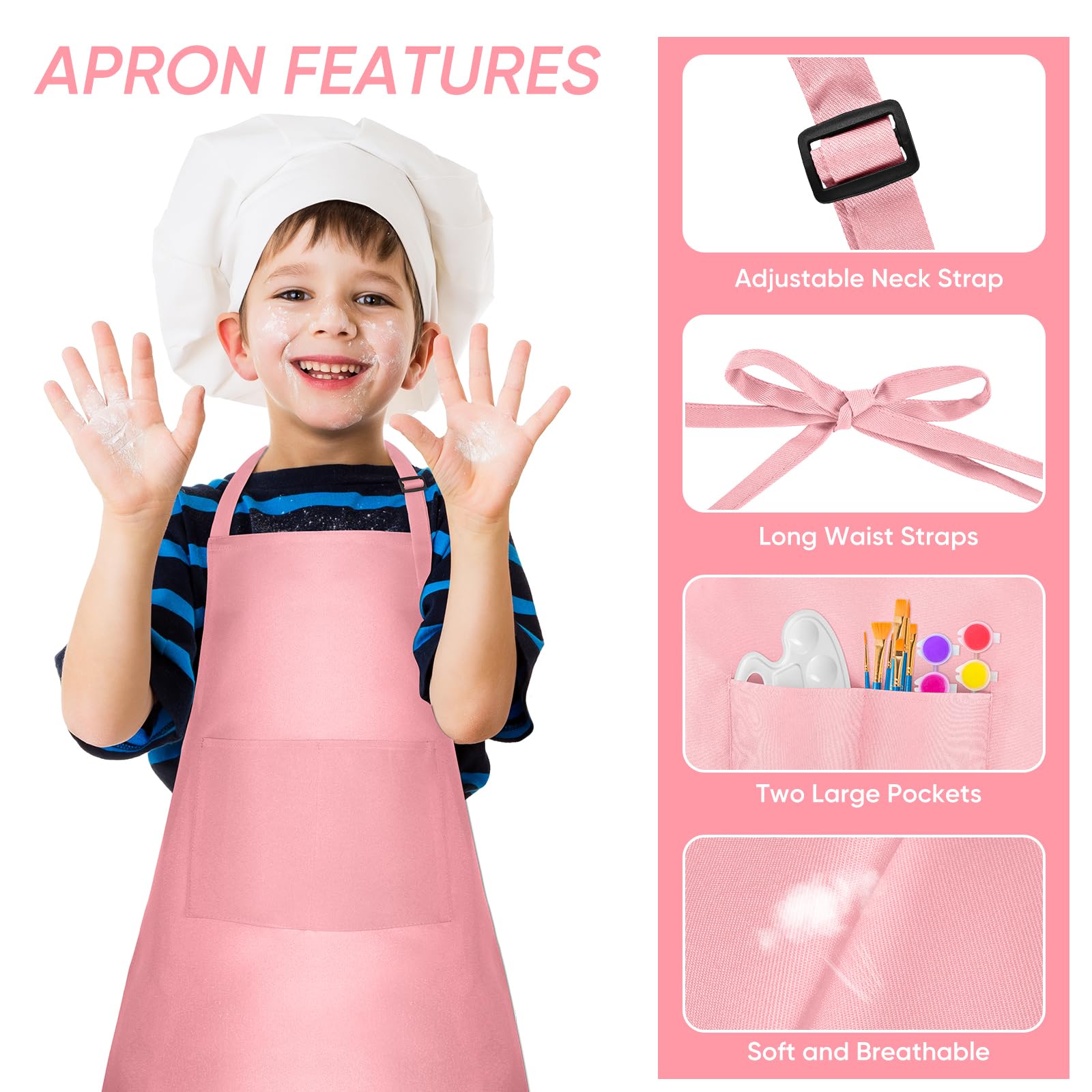 NACHLYNN 4-Piece Kids Apron - Adjustable, Pink, 18 x 24 Inches, Polyester, Waist, Unisex-Kids, 2 Pockets, Cooking & Painting - Image 3