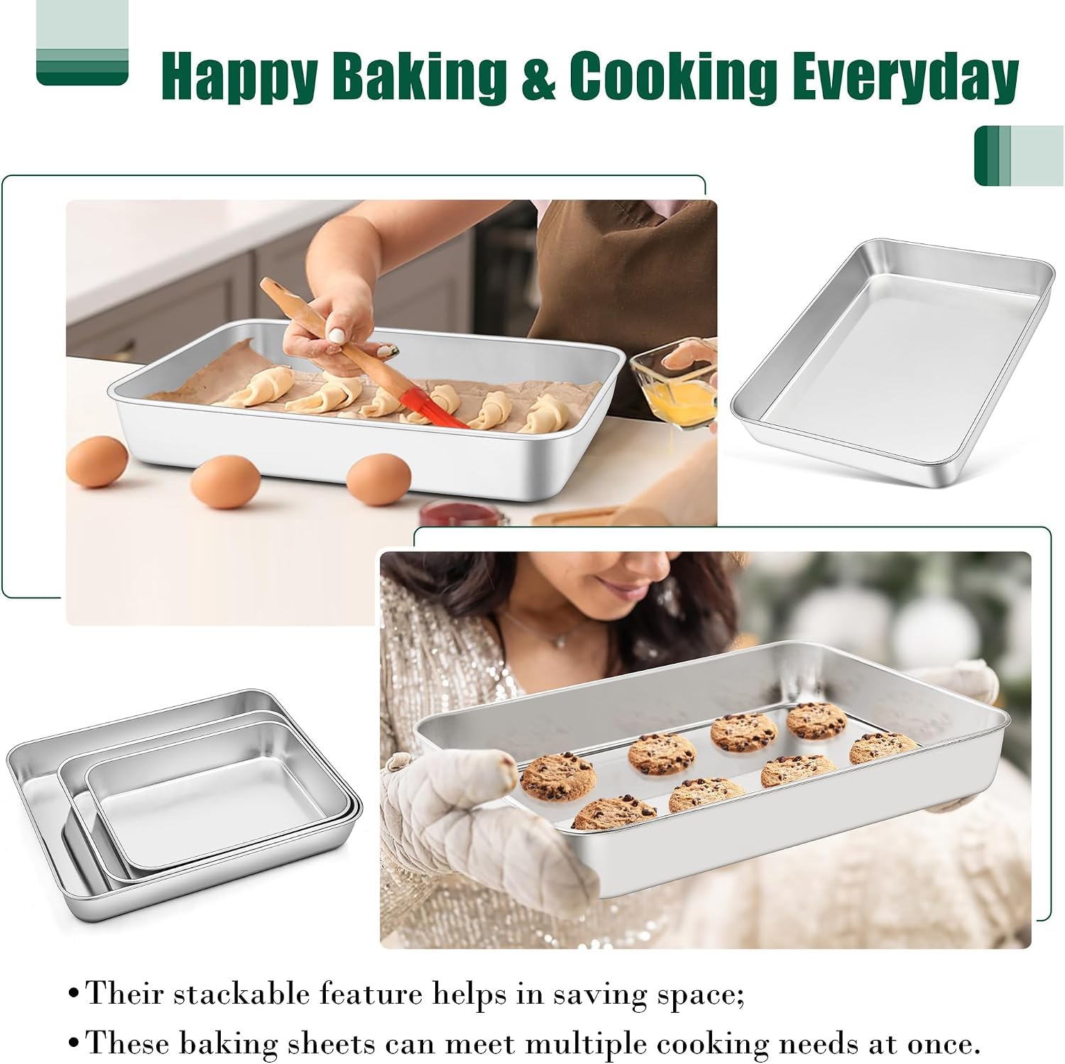 Joyfair Back-Backblech, Edelstahl-Backblech, 3er-Set, rechteckig, tiefe Kuchenform, Brownie-Pfanne zum Braten, Servieren, Kochen, strapazierfähig, rostfrei und leicht zu reinigen, 3 verschiedene