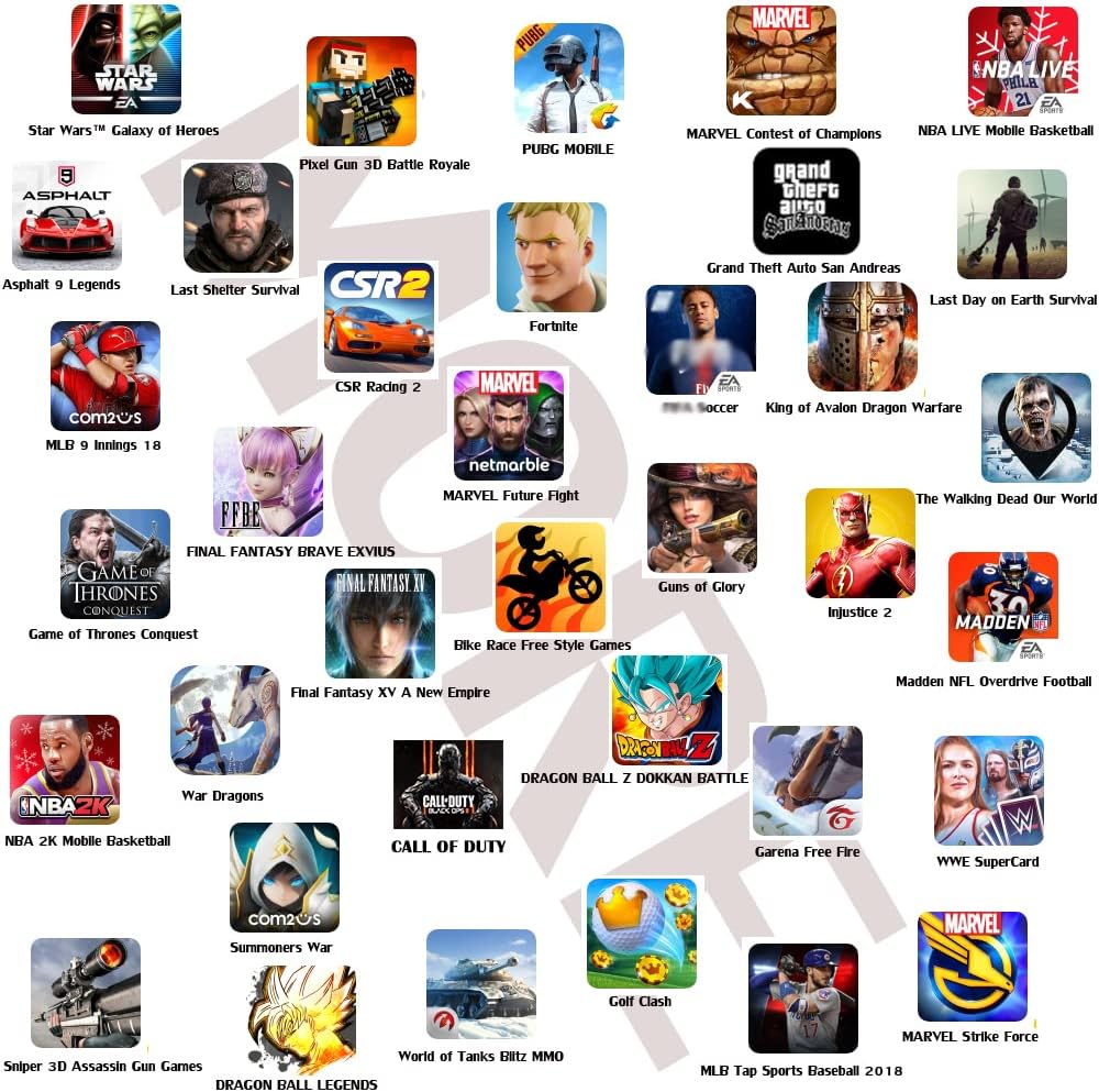 Grid of various mobile game icons including Call of Duty, Asphalt 9, PUBG Mobile, and more.
