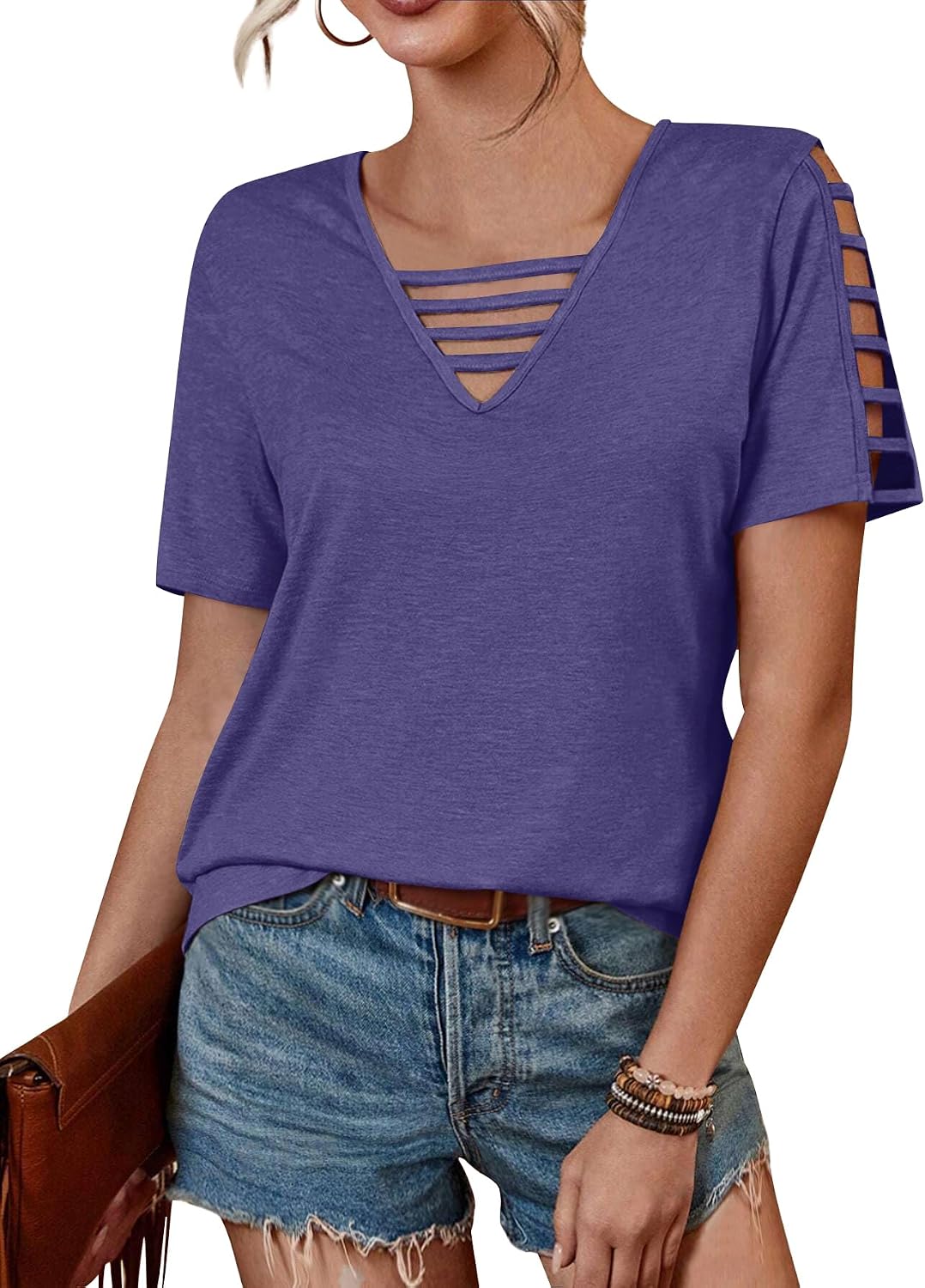 Womens' Summer Top, Solid Color Hollow Out Short Sleeve Casual V Neck T-Shirt X-Large Purple