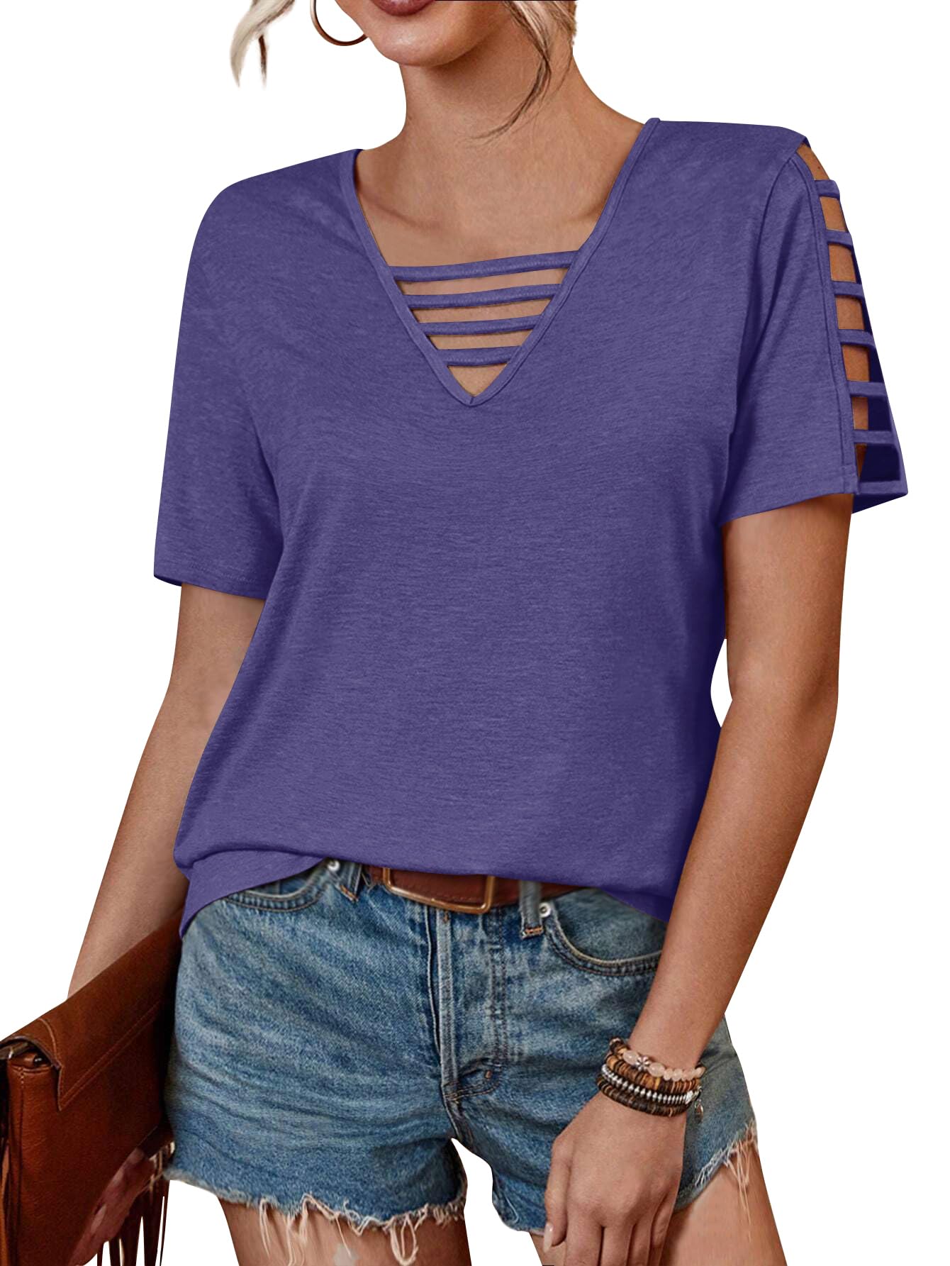 Womens' Summer Top, Solid Color Hollow Out Short Sleeve Casual V Neck T-Shirt Large Purple