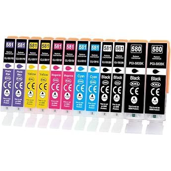 Yowell 12 x 580XL 581XL Printer Cartridges for Canon PGI-580 CLI-581 Multipack 581 Pb for Canon TS8350 Cartridges for PIXMA TS8350 TS8351 TS8352 TS8150 TS8151 TS8250 TS8251 TS888 252 TS9150