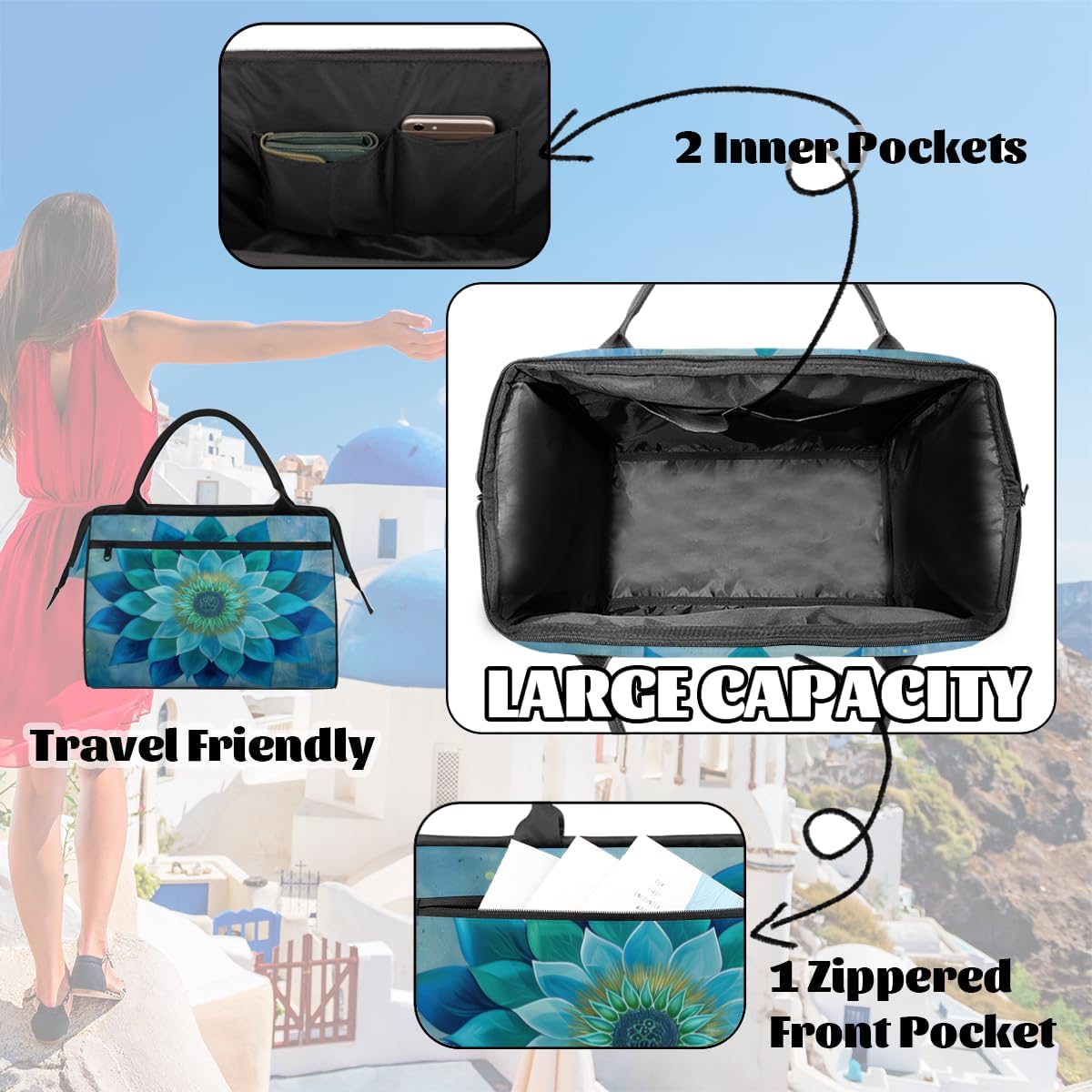 Blue Mandala Carpet Small Overnight Weekender Tote Bag for Women Men Foldable Travel Duffel Bags Lightweight Sports Gym Bag Waterproof Carry On Luggage Weekender Bag for Traveling Gifts